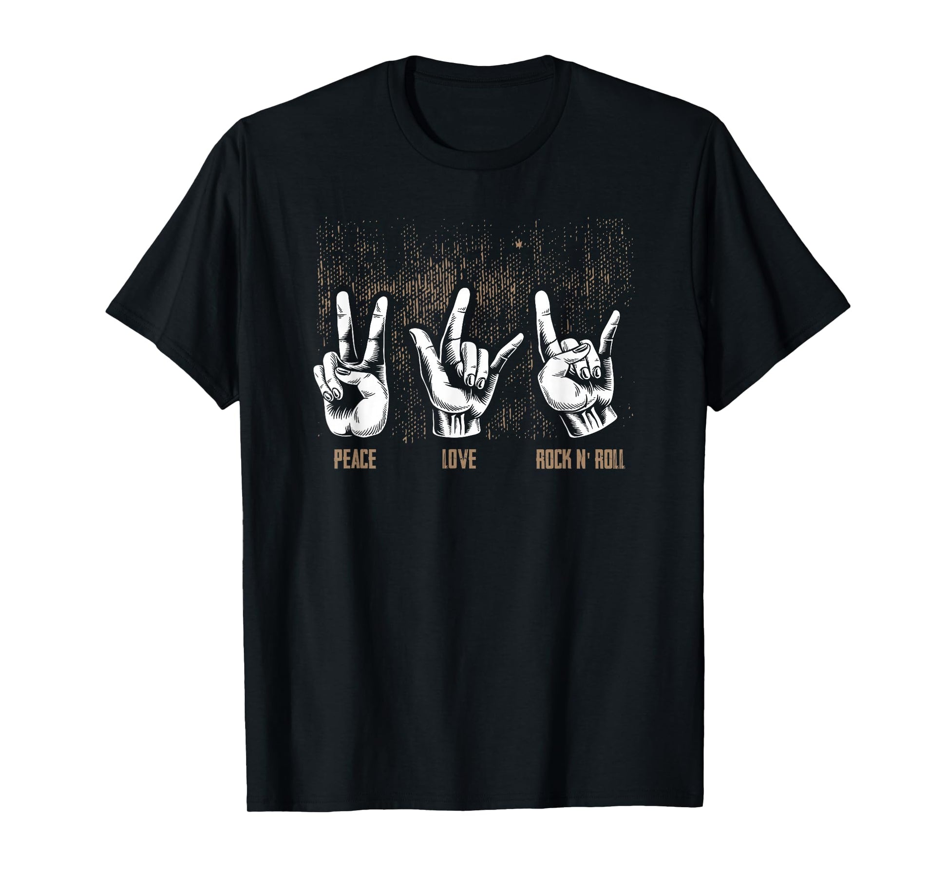 Peace Love Rock And Roll Guitar Hippie Hand T-Shirt - Graphic Print Unisex - T-Shirt, Sweatshirt, Hoodie