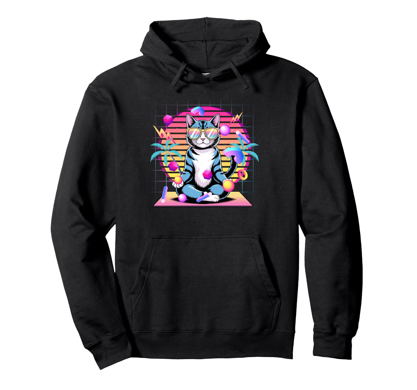 Cat Meditating Vaporwave 80S Synthwave Hoodie - Streetwear Style Men Women - T-Shirt, Sweatshirt, Hoodie