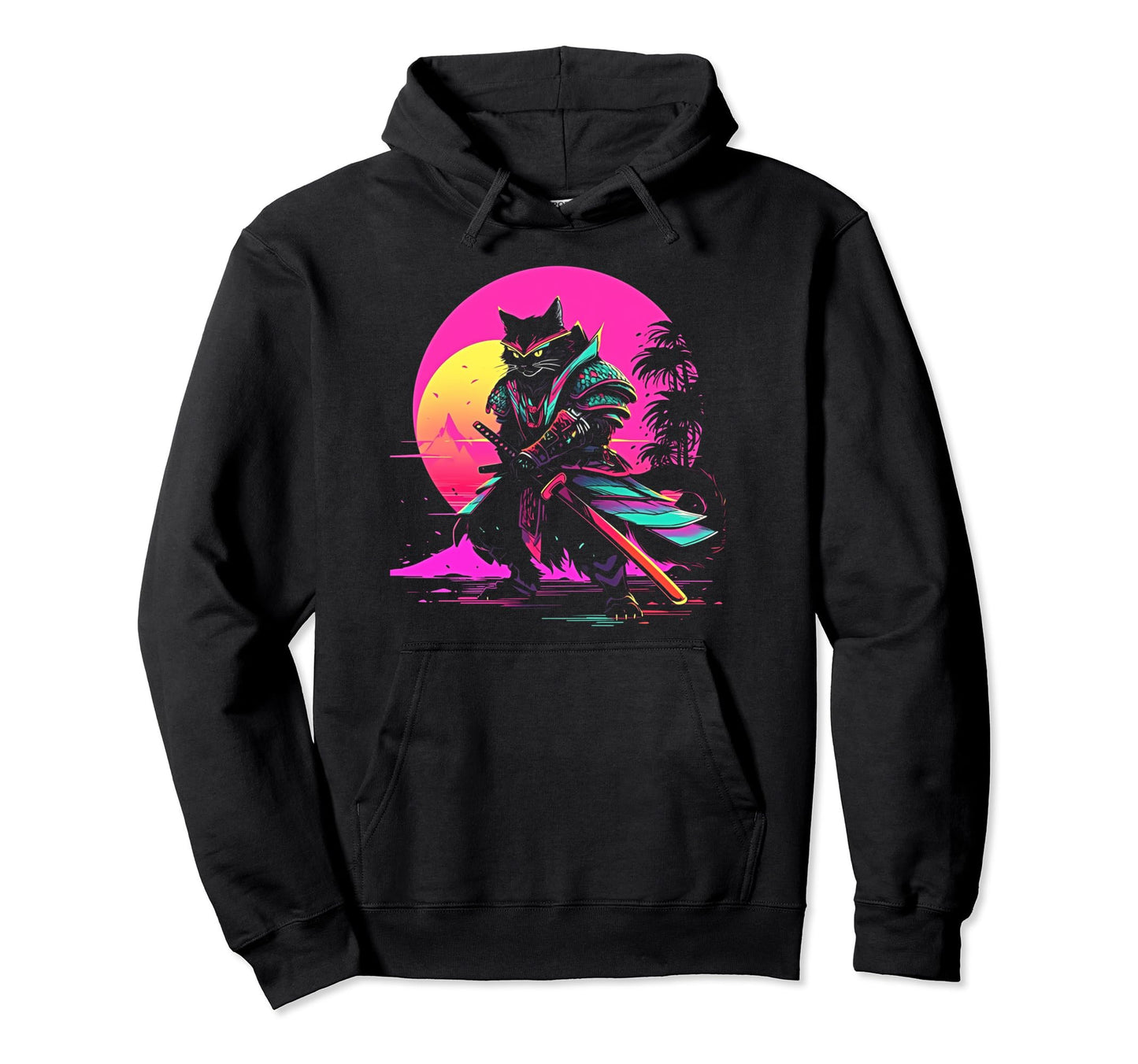 Synthwave Cat Samurai Mediation Hoodie - Unique Graphic Men Women - T-Shirt, Sweatshirt, Hoodie
