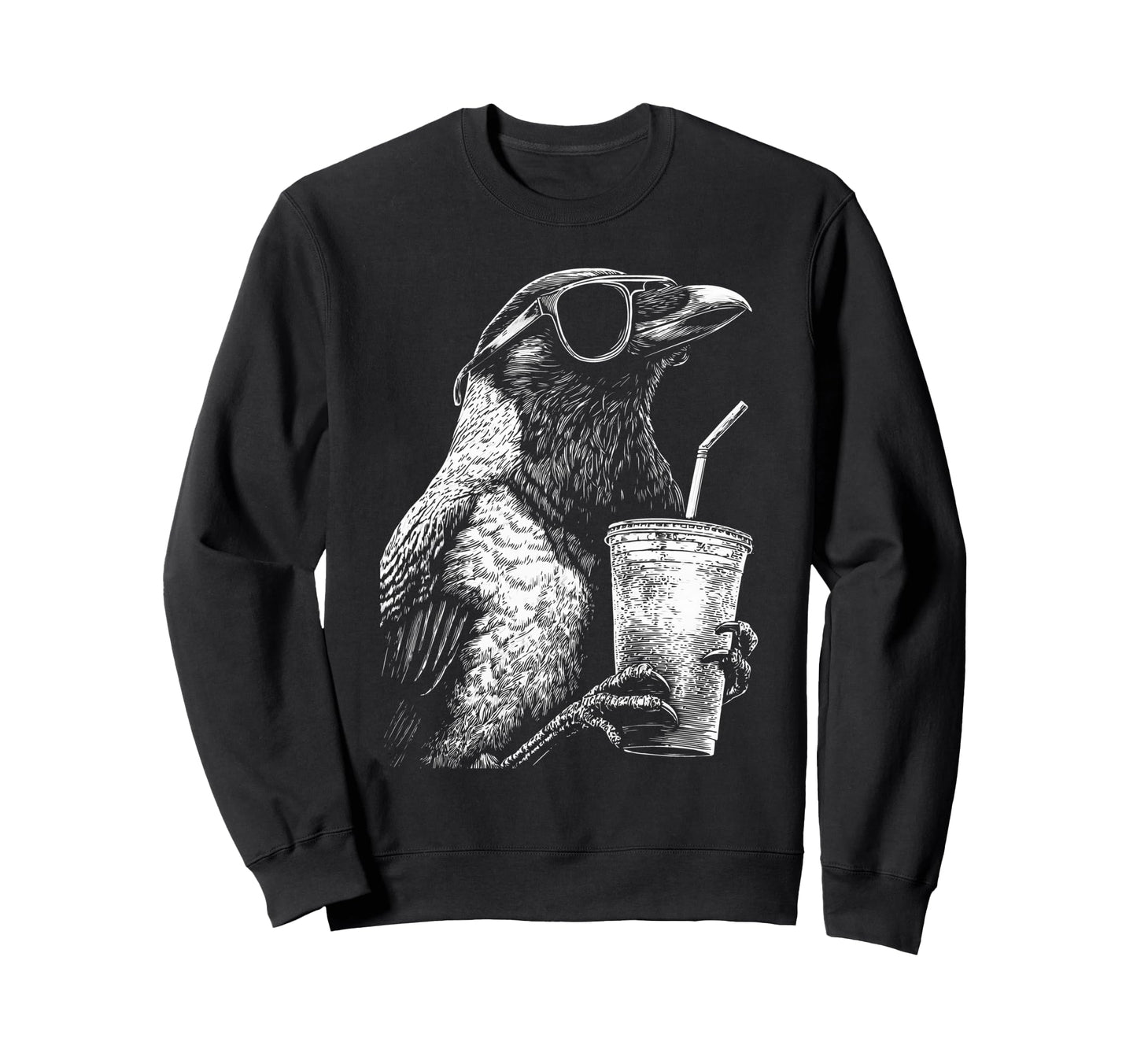 Crow Drinking Iced Coffee Funny Animal Sweatshirt - Graphic Print Unisex - T-Shirt, Sweatshirt, Hoodie