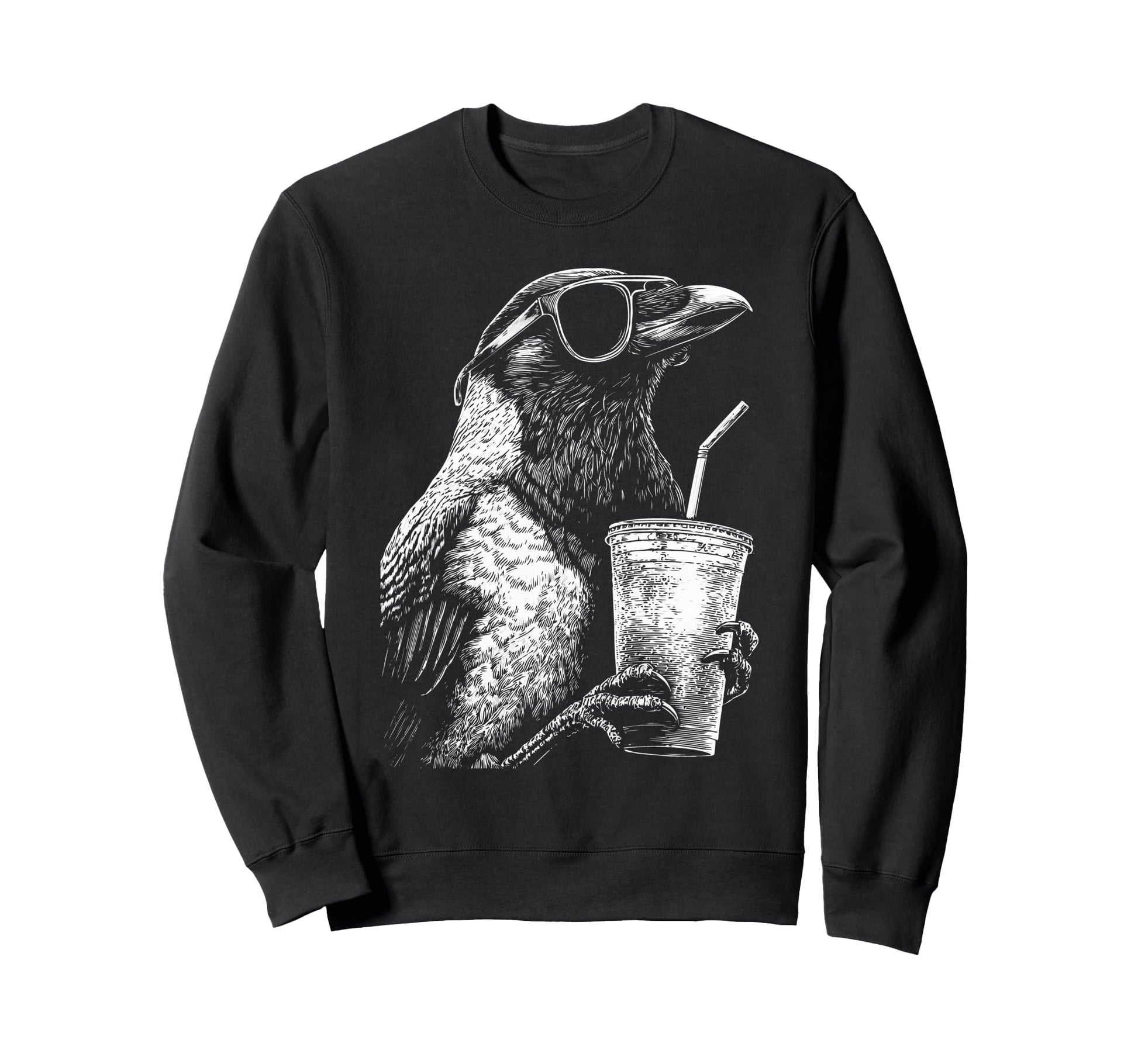Crow Drinking Iced Coffee Funny Animal Sweatshirt - Graphic Print Unisex - T-Shirt, Sweatshirt, Hoodie