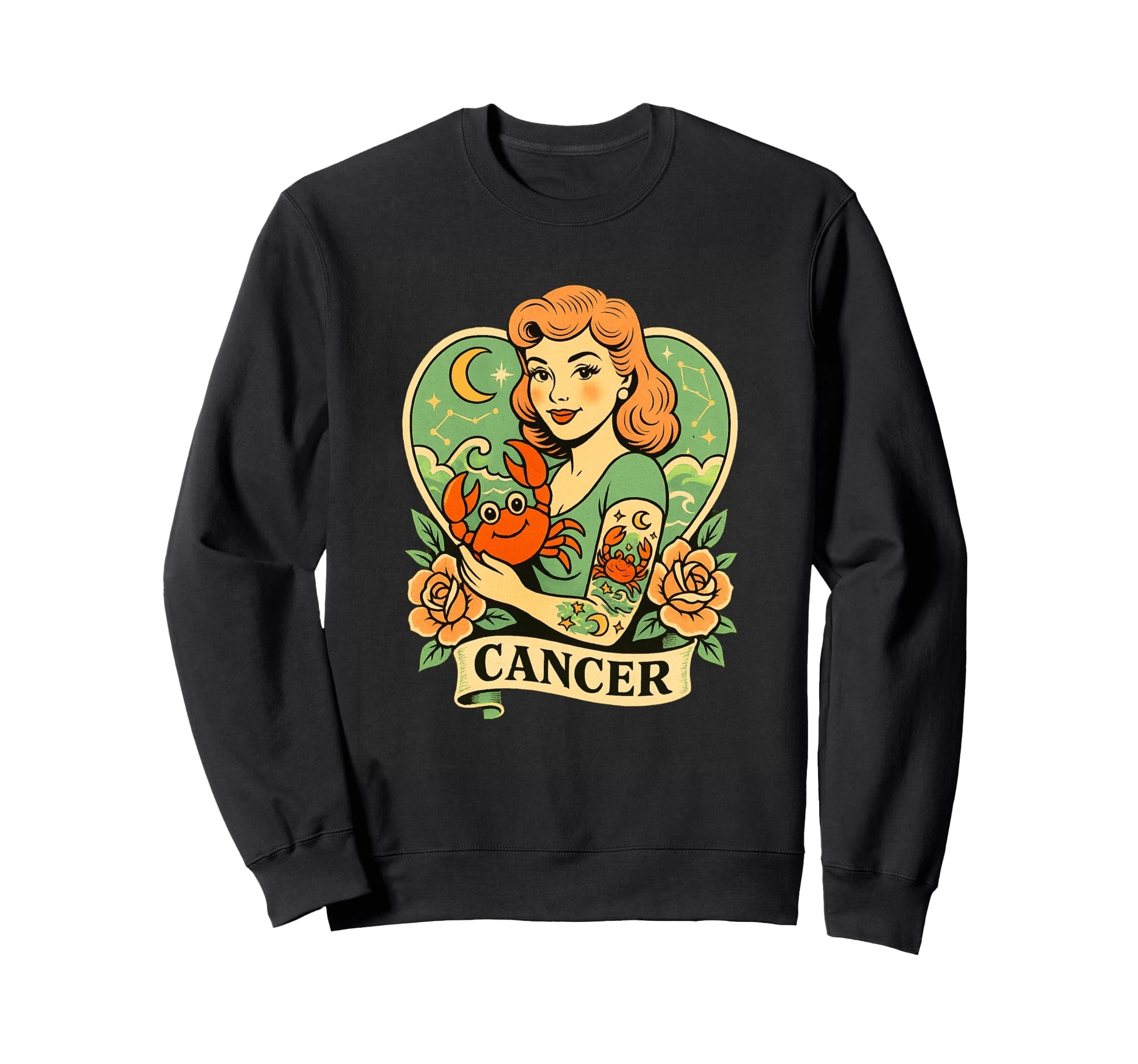 Cancer Zodiac Pin Up Crab Tattoo Sweatshirt - Streetwear Style for Adults - T-Shirt, Sweatshirt, Hoodie