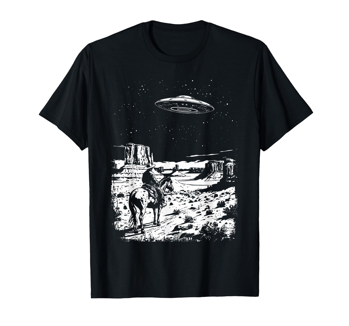 Ufo Western Cowboy Under Night Stars T-Shirt - Graphic Print for Adults - T-Shirt, Sweatshirt, Hoodie