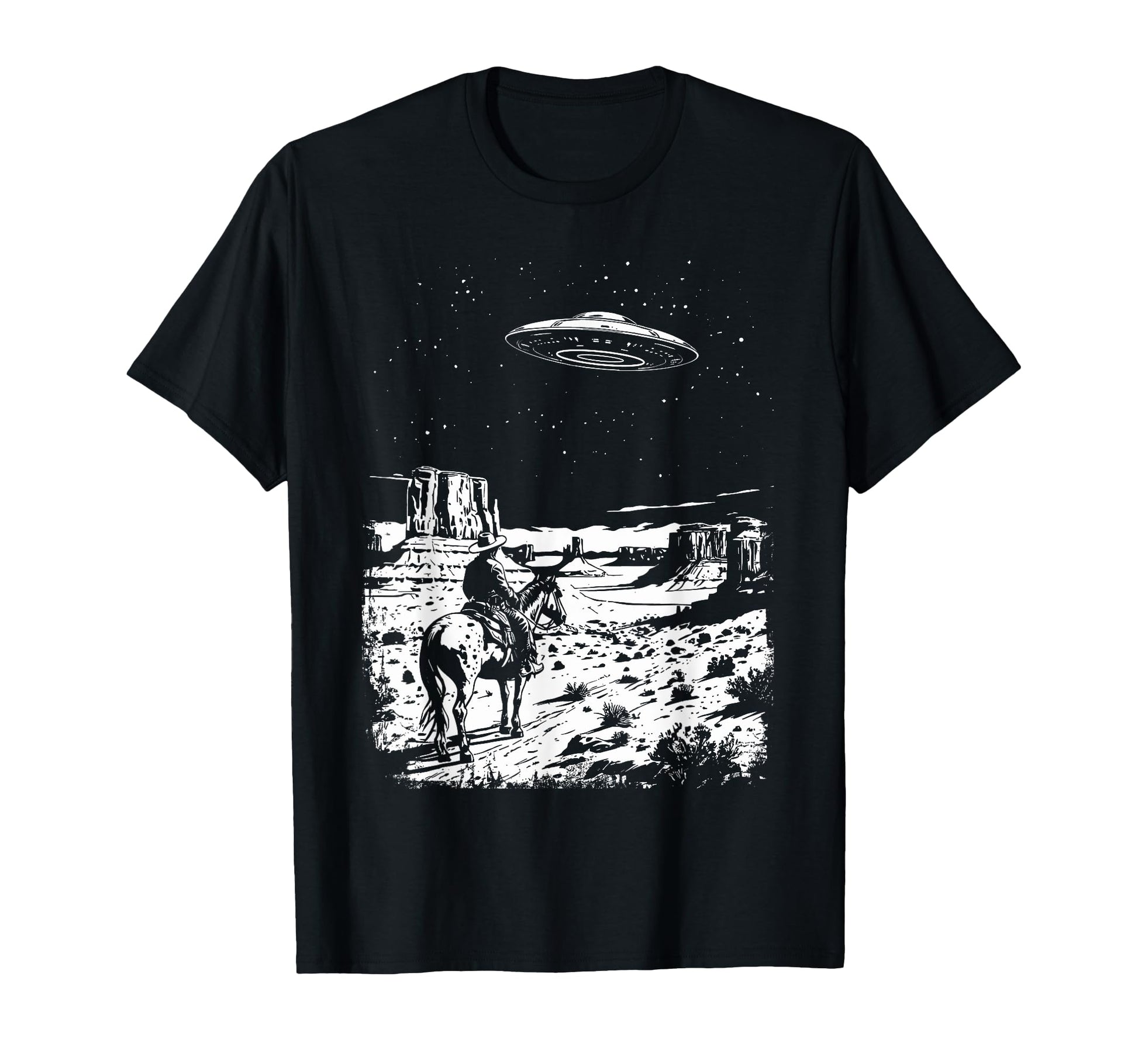 Ufo Western Cowboy Under Night Stars T-Shirt - Graphic Print for Adults - T-Shirt, Sweatshirt, Hoodie