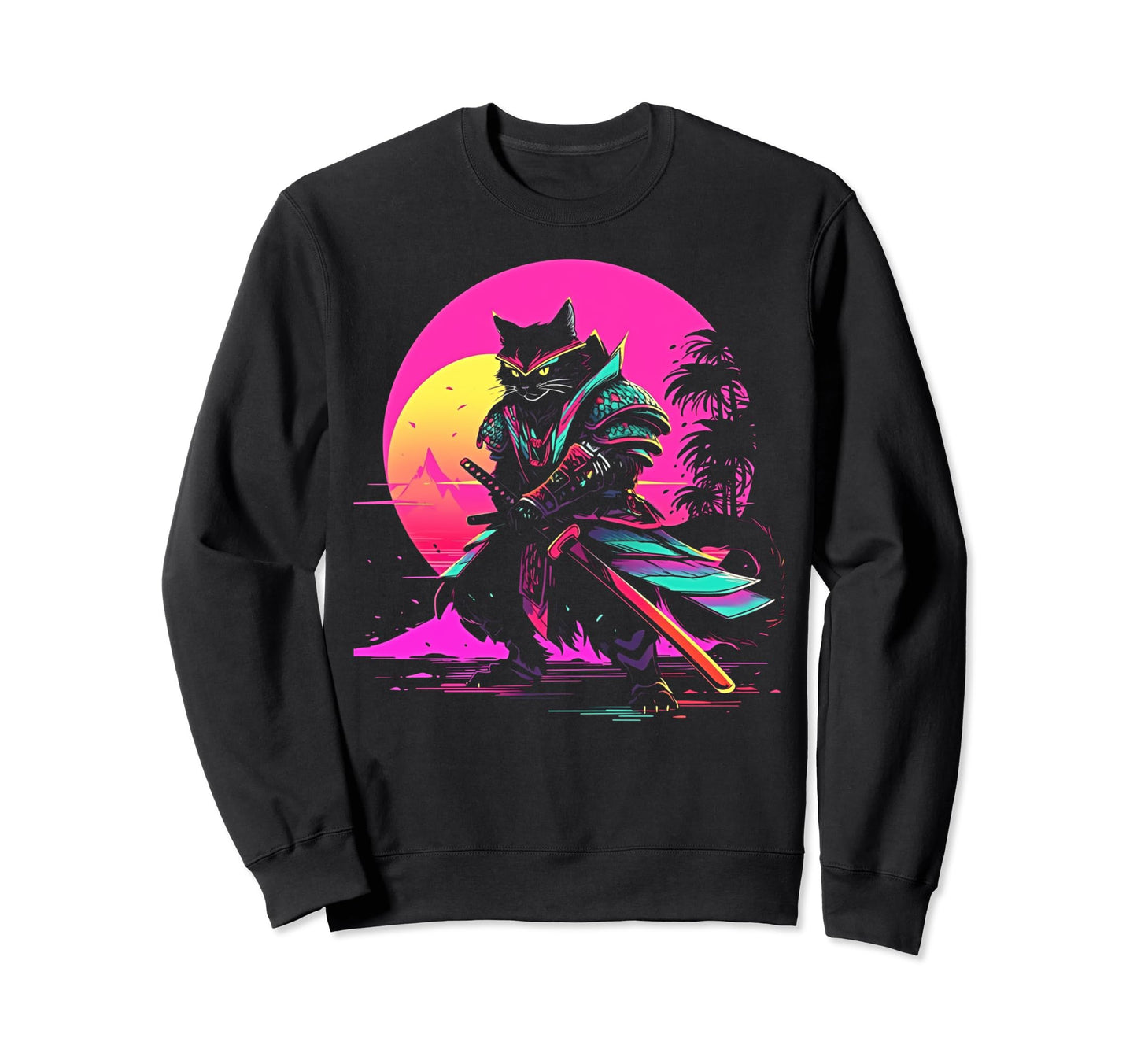 Synthwave Cat Samurai Mediation Sweatshirt - Aesthetic Graphic Men Women - T-Shirt, Sweatshirt, Hoodie