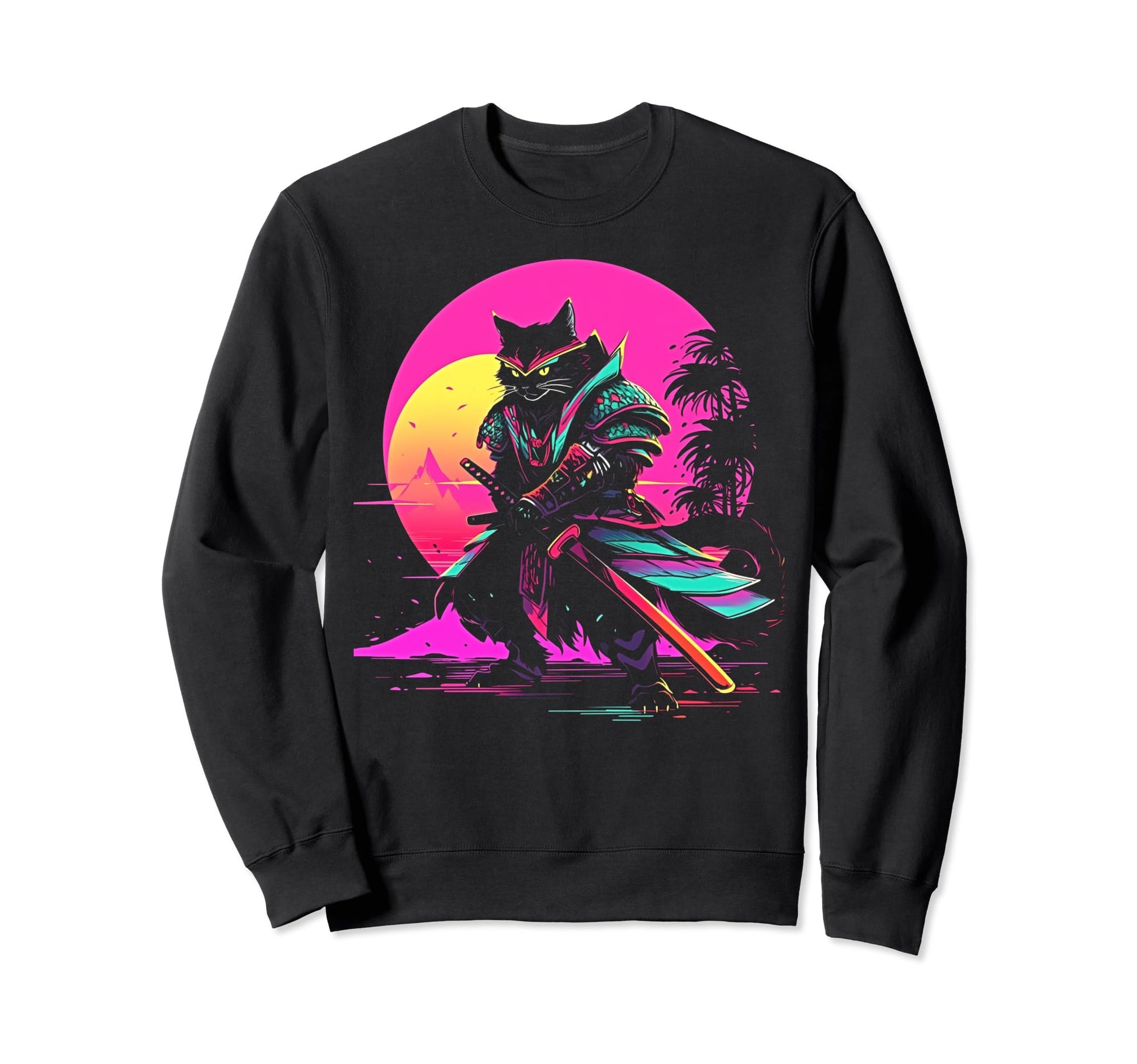 Synthwave Cat Samurai Mediation Sweatshirt - Aesthetic Graphic Men Women - T-Shirt, Sweatshirt, Hoodie