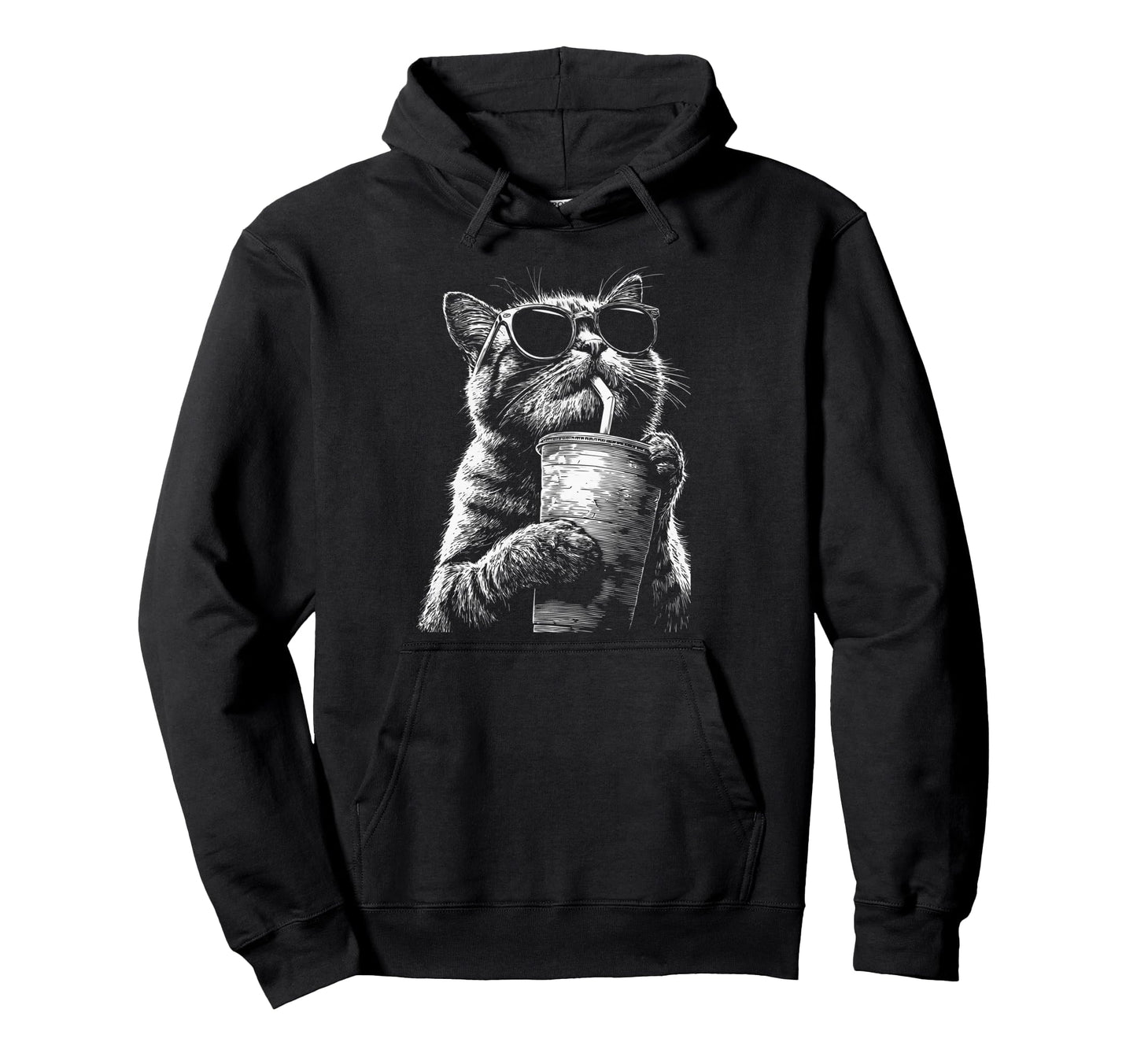 Tabby Cat Drinking Iced Coffee Funny Hoodie - Minimalist Print for Adults - T-Shirt, Sweatshirt, Hoodie