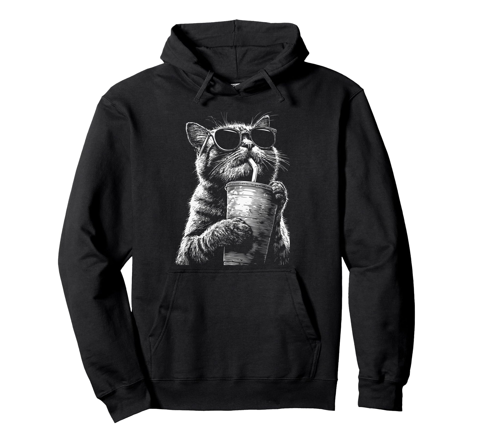 Tabby Cat Drinking Iced Coffee Funny Hoodie - Minimalist Print for Adults - T-Shirt, Sweatshirt, Hoodie