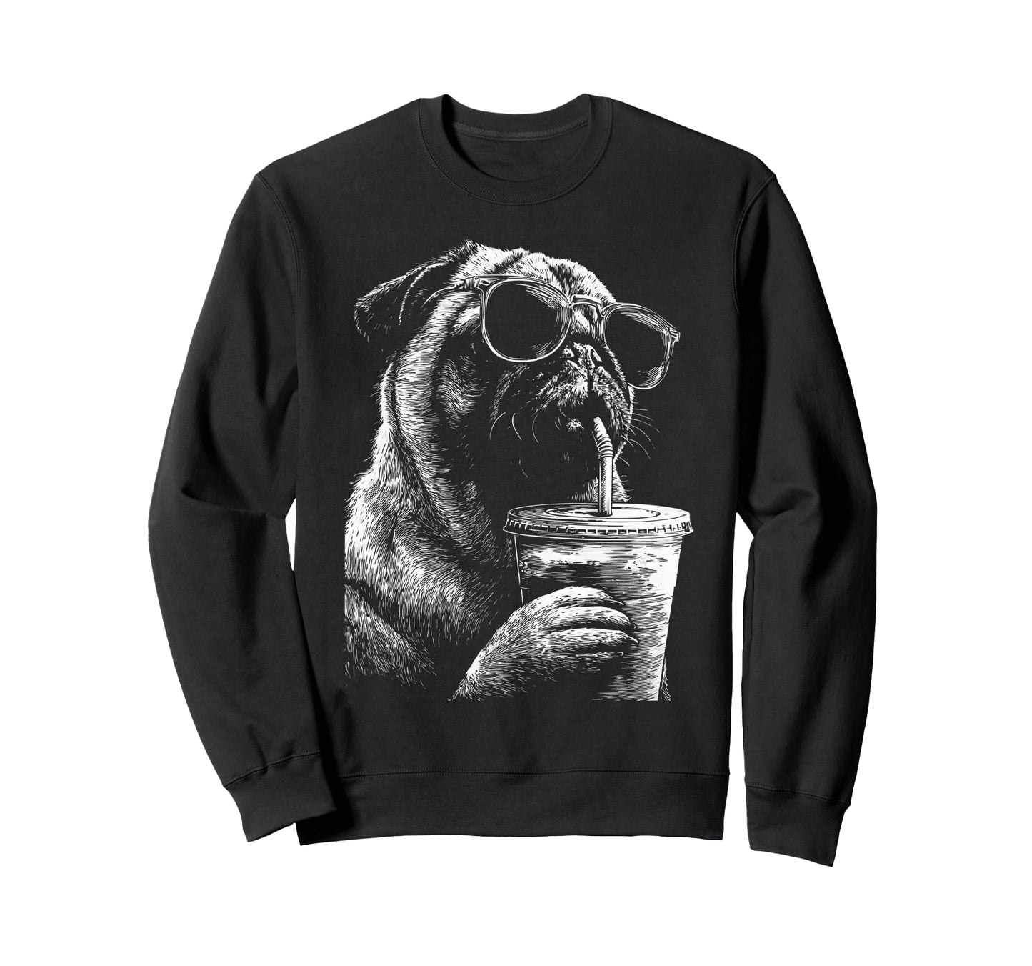 Pug Drinking Iced Coffee Funny Dog Sweatshirt - Novelty Apparel Unisex - T-Shirt, Sweatshirt, Hoodie