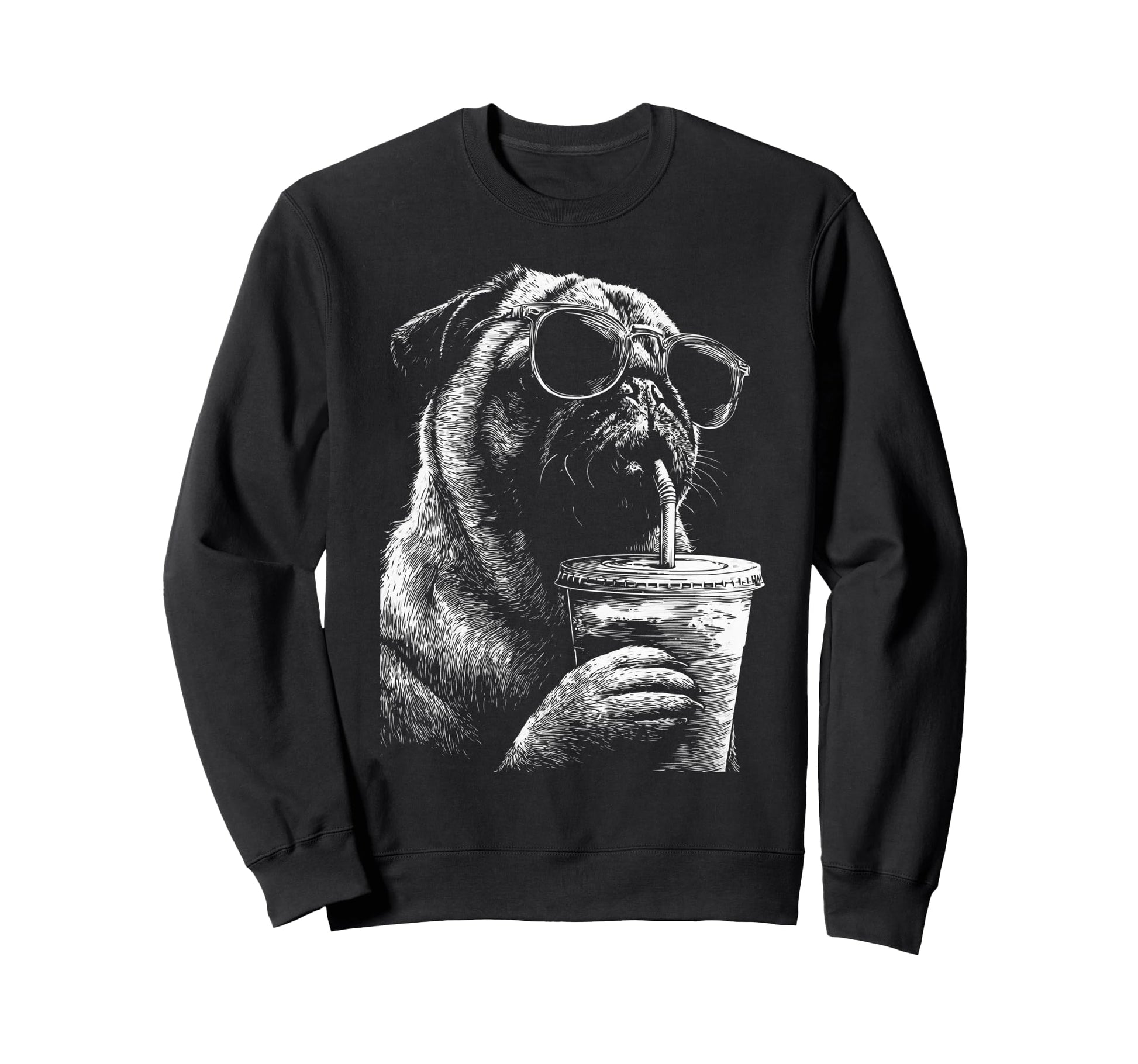 Pug Drinking Iced Coffee Funny Dog Sweatshirt - Novelty Apparel Unisex - T-Shirt, Sweatshirt, Hoodie
