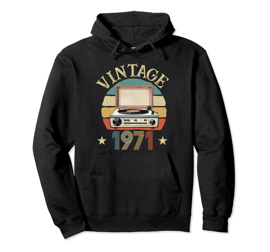 1971 Born 1971 Sunset Vinyl Record Player Hoodie - Minimalist Print Unisex - T-Shirt, Sweatshirt, Hoodie