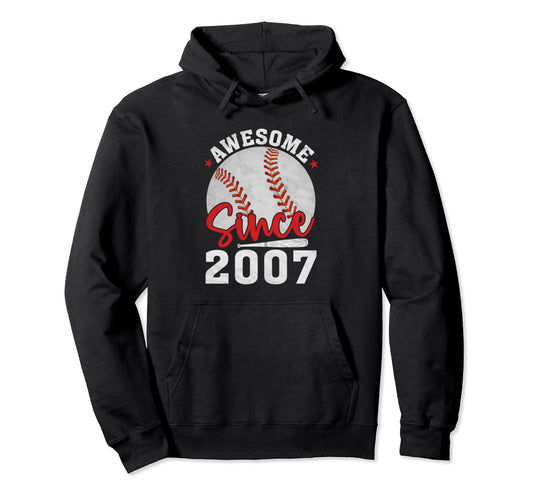 Awesome Since 2007 Funny Baseball Hoodie - Minimalist Print for Adults - T-Shirt, Sweatshirt, Hoodie
