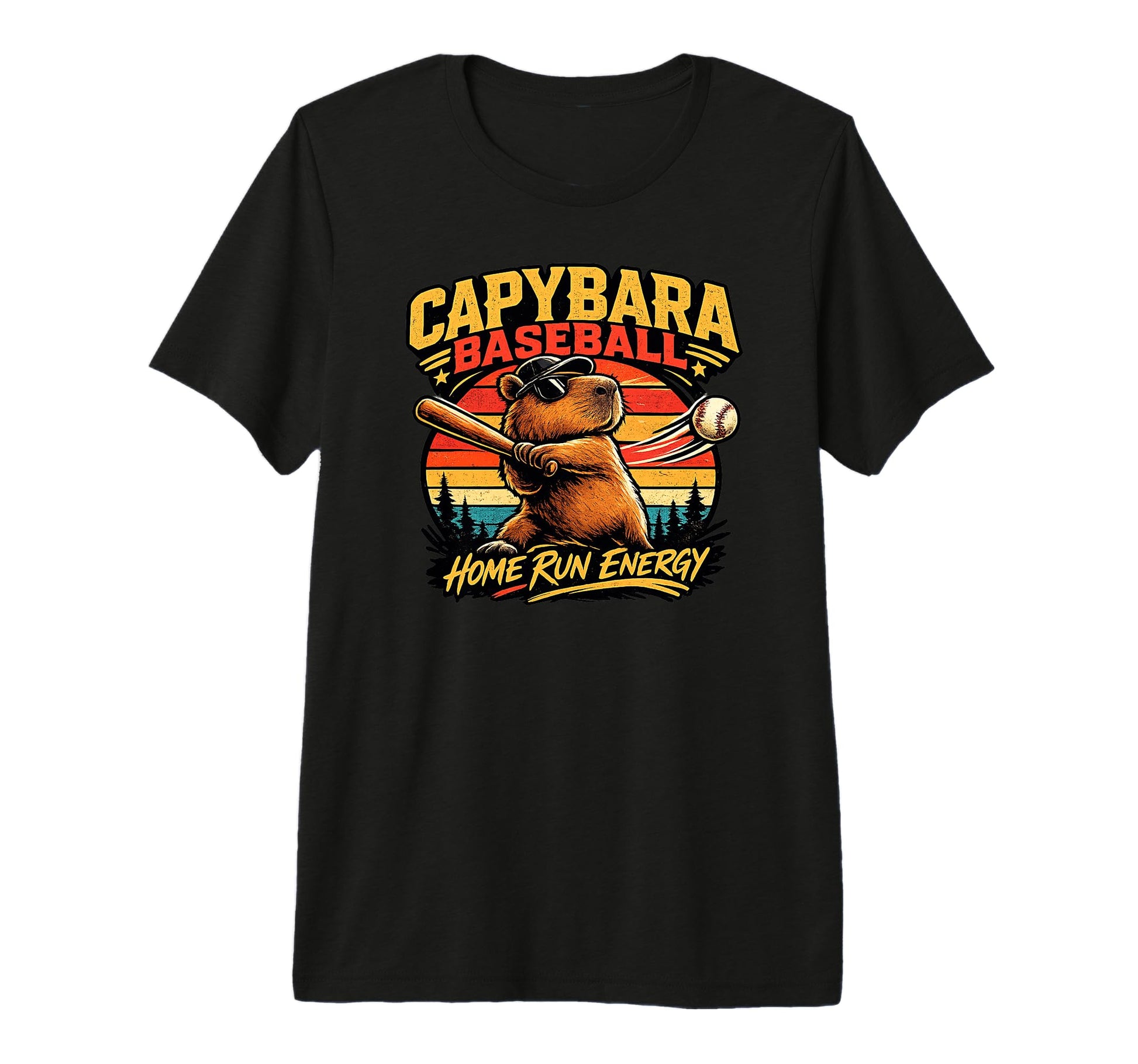 Capybara Baseball Home Run Energy Sunset T-Shirt - Custom Art Print Unisex - T-Shirt, Sweatshirt, Hoodie