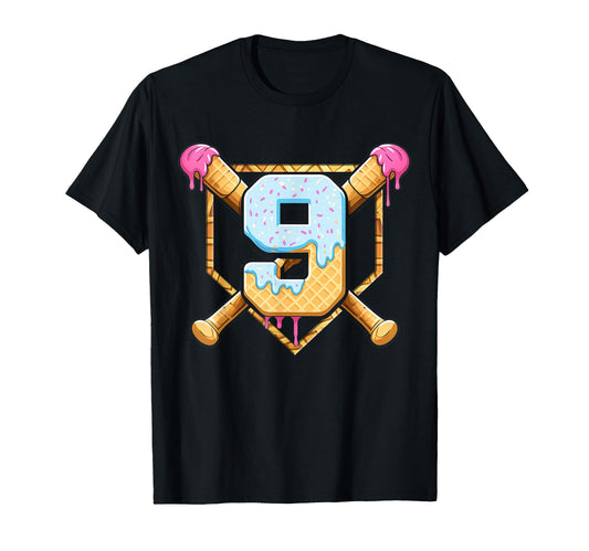 Baseball 9 Year Old Ice Cream Drip T-Shirt - Casual Everyday Wear Unisex - T-Shirt, Sweatshirt, Hoodie