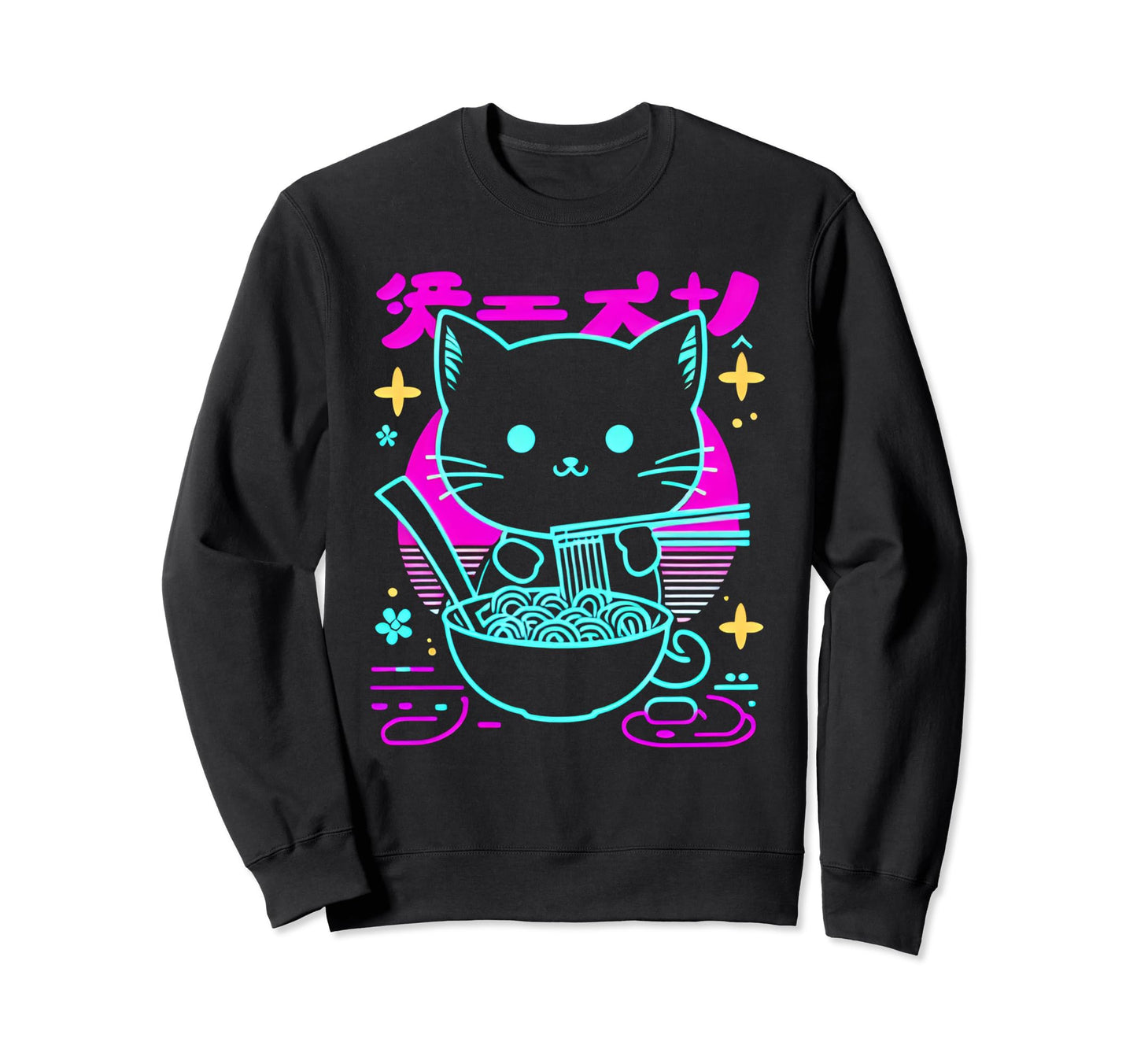 Kawaii Anime Cat Eating Ramen 80S Sweatshirt - Minimalist Print Men Women - T-Shirt, Sweatshirt, Hoodie