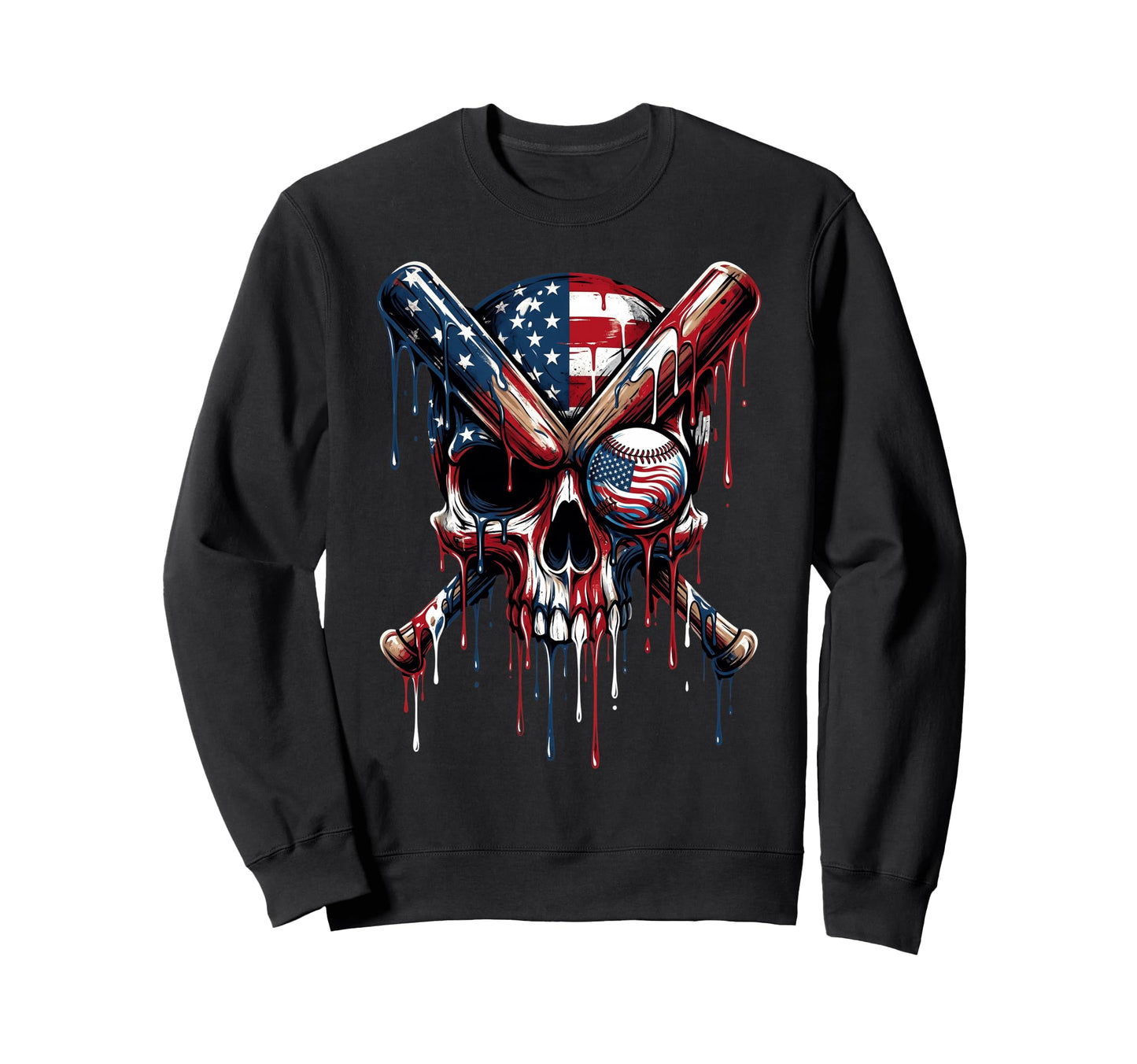 Drip Baseball American Flag Skull Sweatshirt - Graphic Print for Adults - T-Shirt, Sweatshirt, Hoodie