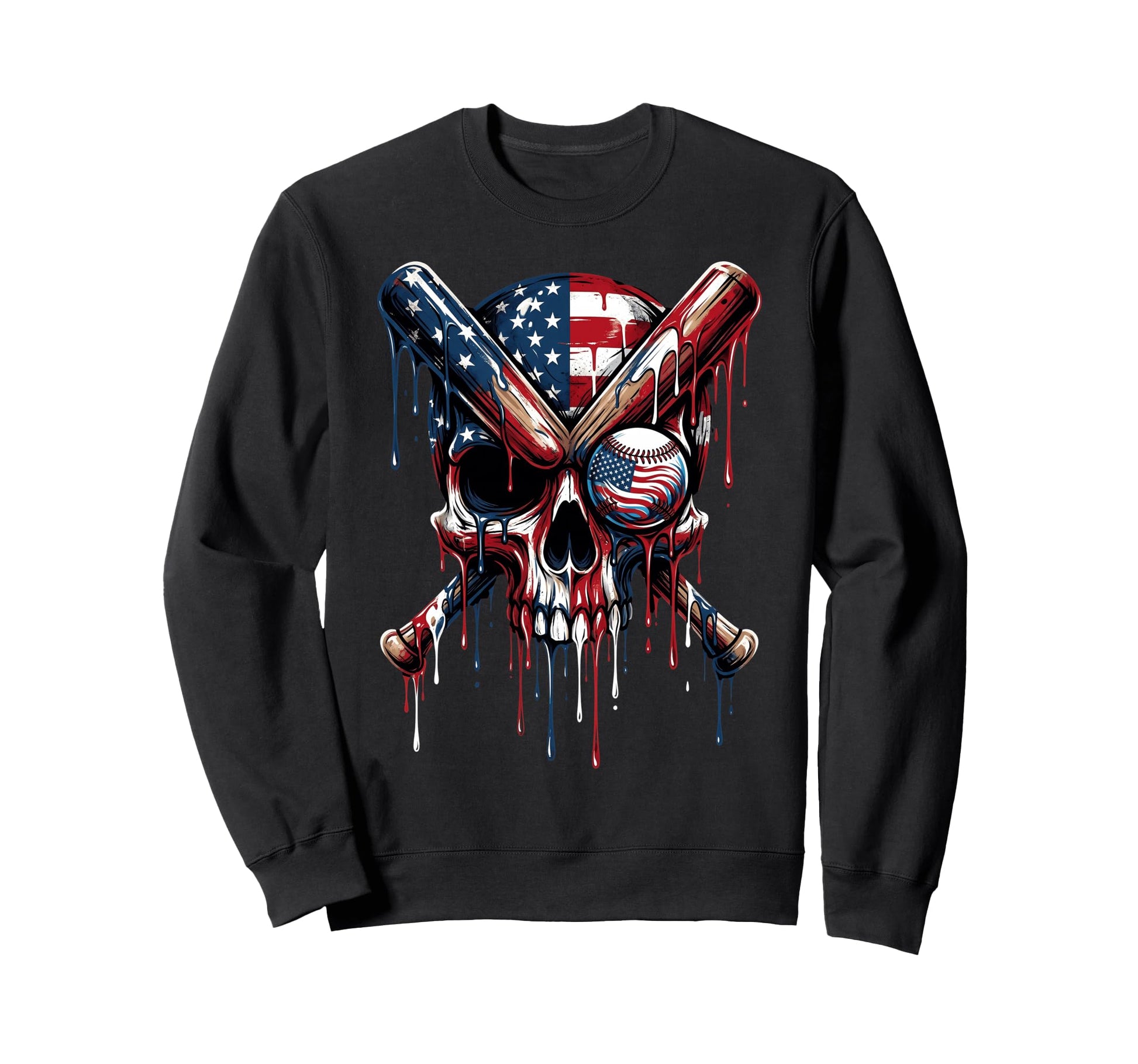 Drip Baseball American Flag Skull Sweatshirt - Graphic Print for Adults - T-Shirt, Sweatshirt, Hoodie