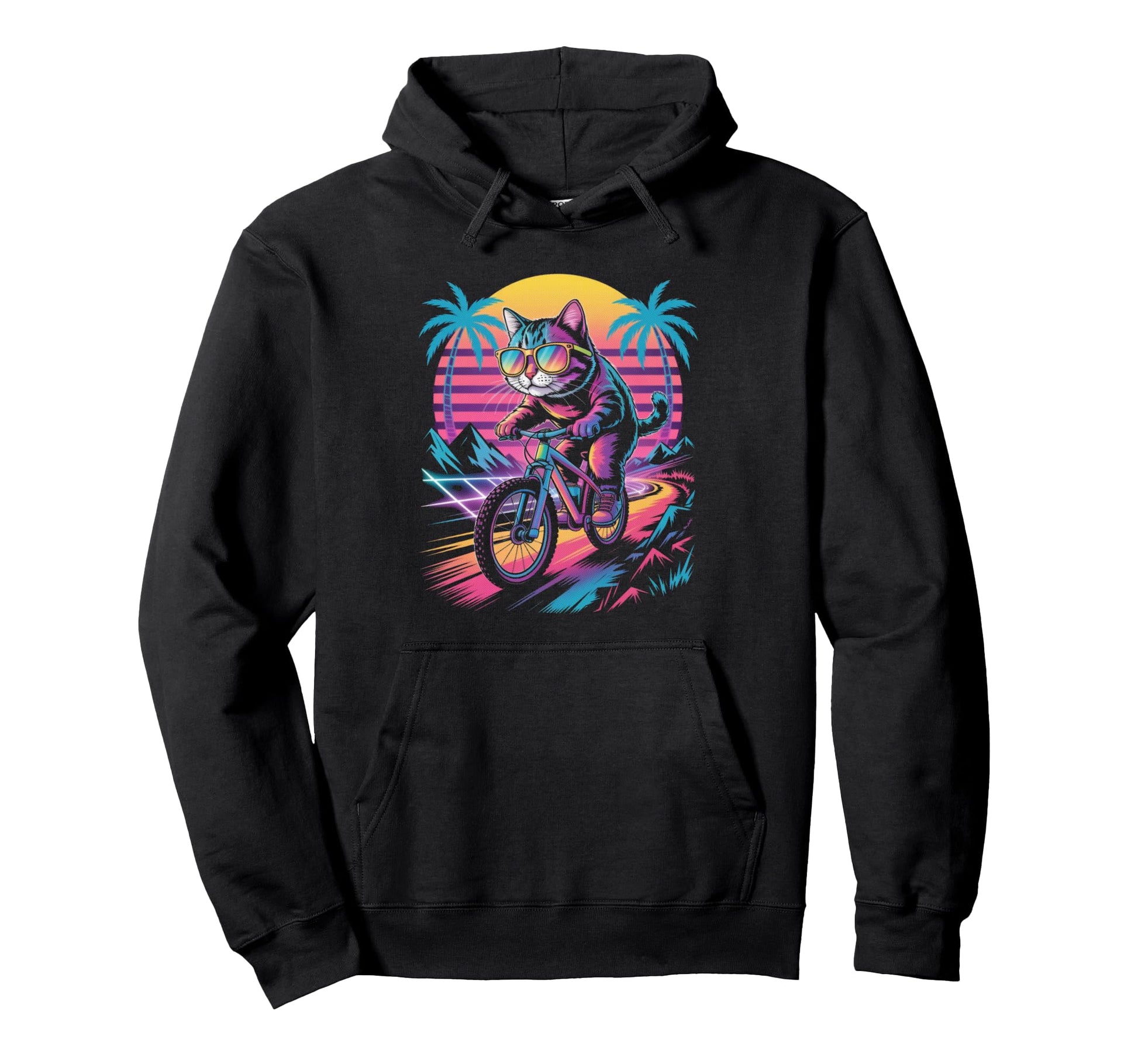 Cat Riding Bicycle Synthwave 80S Sunset Hoodie - Unique Graphic Unisex - T-Shirt, Sweatshirt, Hoodie