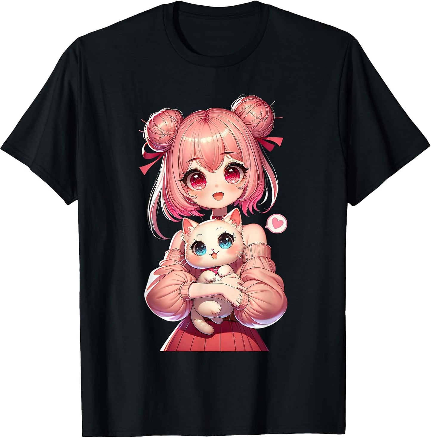 Kawaii Anime Girl with Adorable Cat Designs - Adult & Kids T-Shirts, Sweatshirts & Hoodies apparel design preview 1