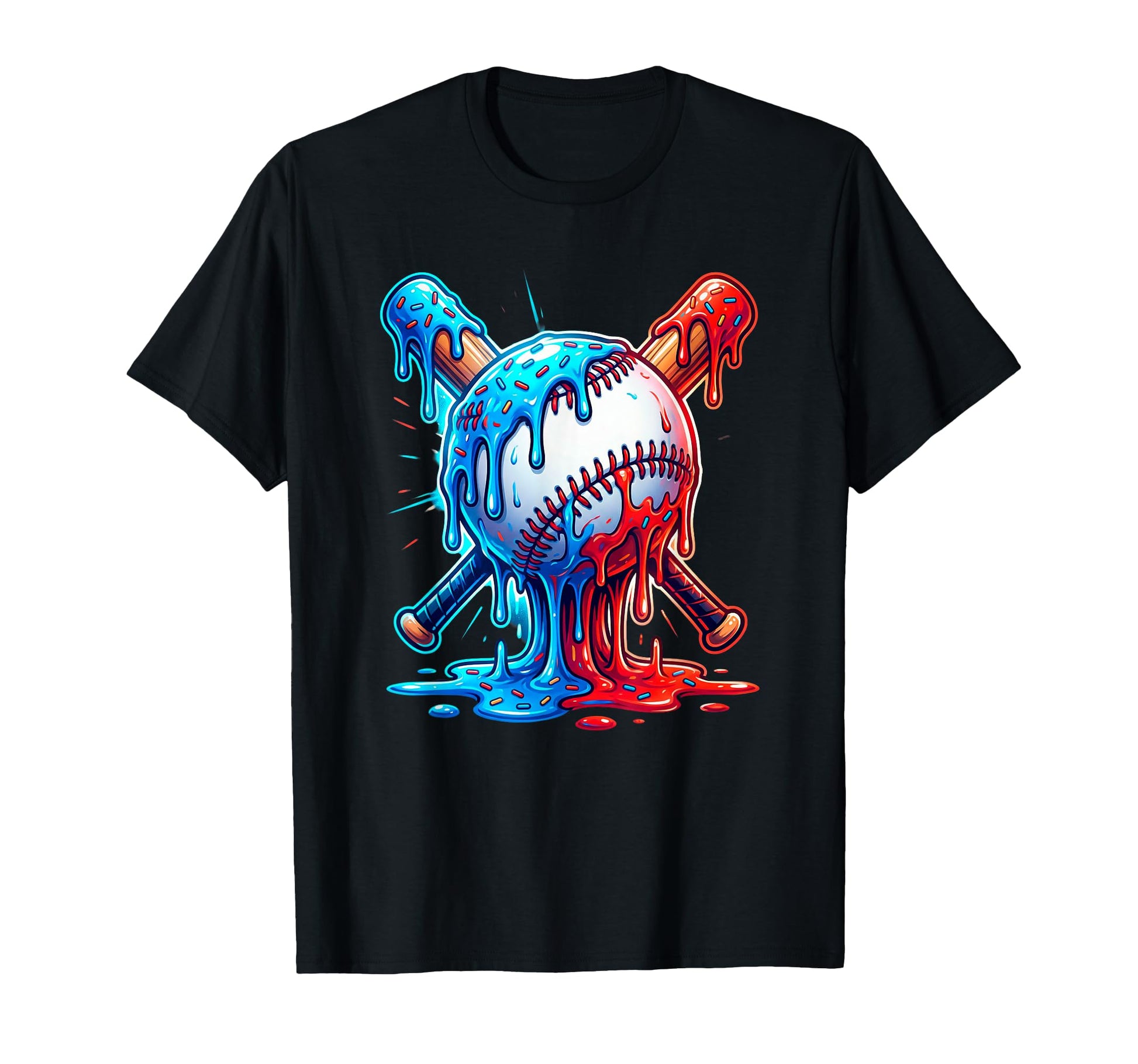 Baseball Drip Ice Cream Bright Crossed Bat T-Shirt - Trendy Graphic Unisex - T-Shirt, Sweatshirt, Hoodie