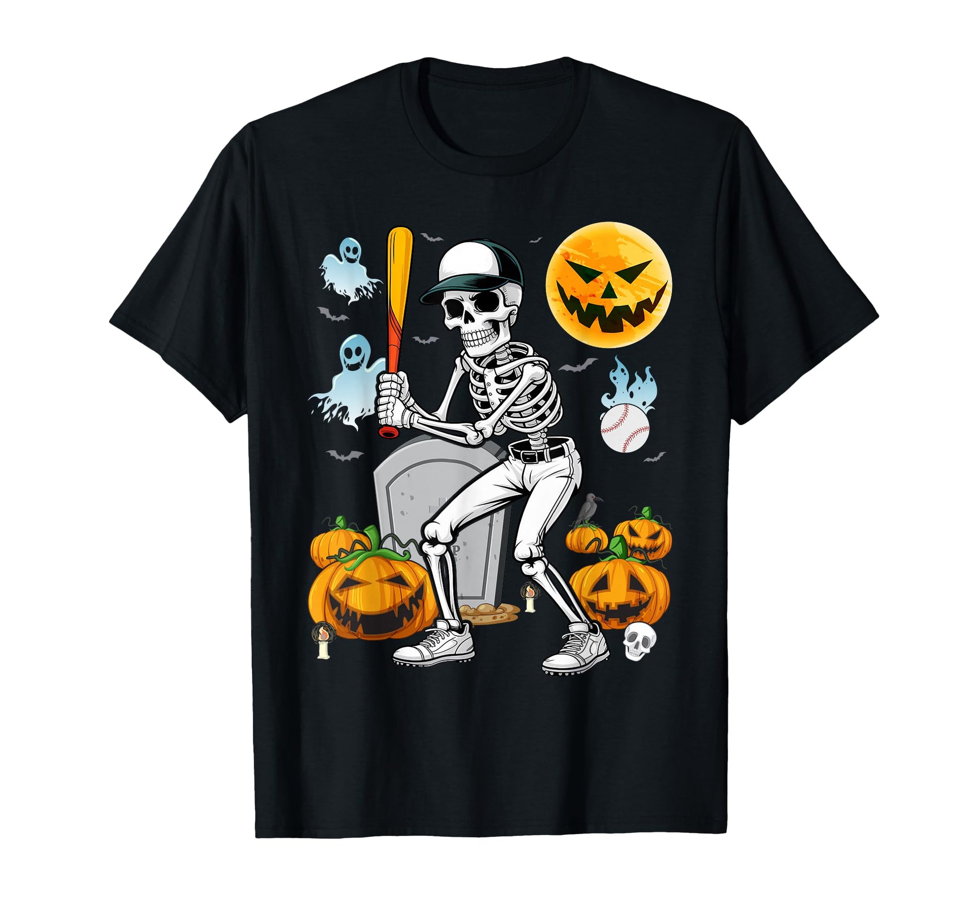 Skeleton Playing Baseball Halloween T-Shirt - Minimalist Print Men Women - T-Shirt, Sweatshirt, Hoodie