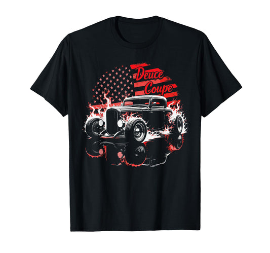 1932 Deuce Coupe Flame Silhouette Usa Flag T-Shirt - Novelty Apparel Unisex - T-Shirt, Sweatshirt, Hoodie