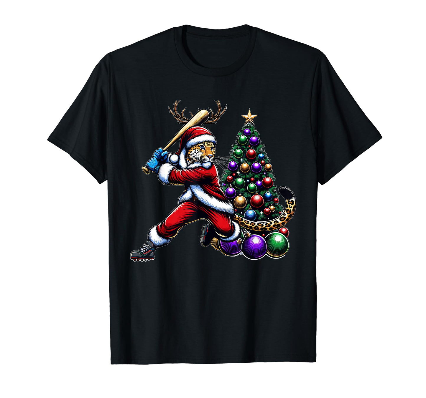 Santa Leopard Play Baseball Reindeer T-Shirt - Graphic Print for Adults - T-Shirt, Sweatshirt, Hoodie