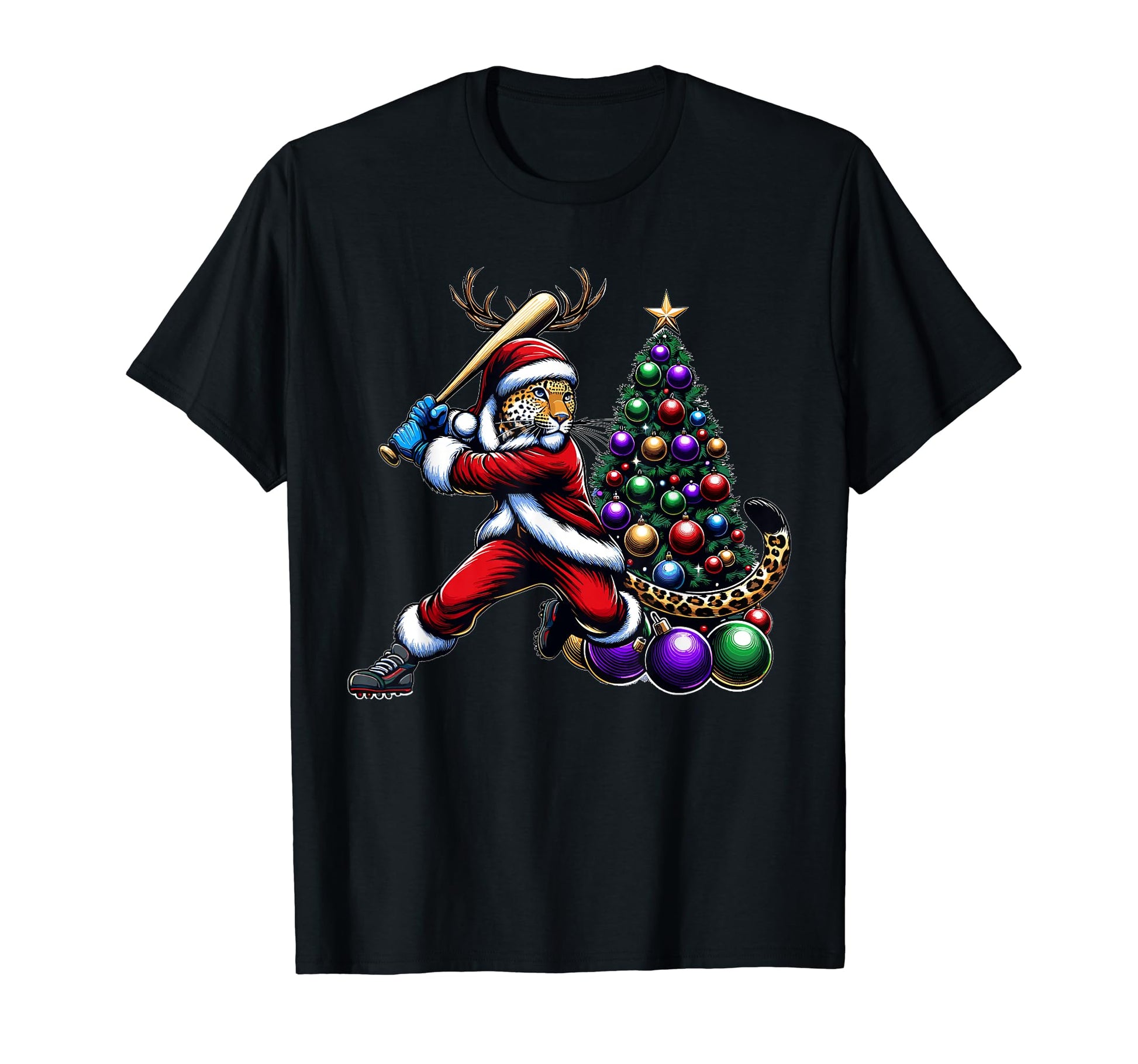 Santa Leopard Play Baseball Reindeer T-Shirt - Graphic Print for Adults - T-Shirt, Sweatshirt, Hoodie