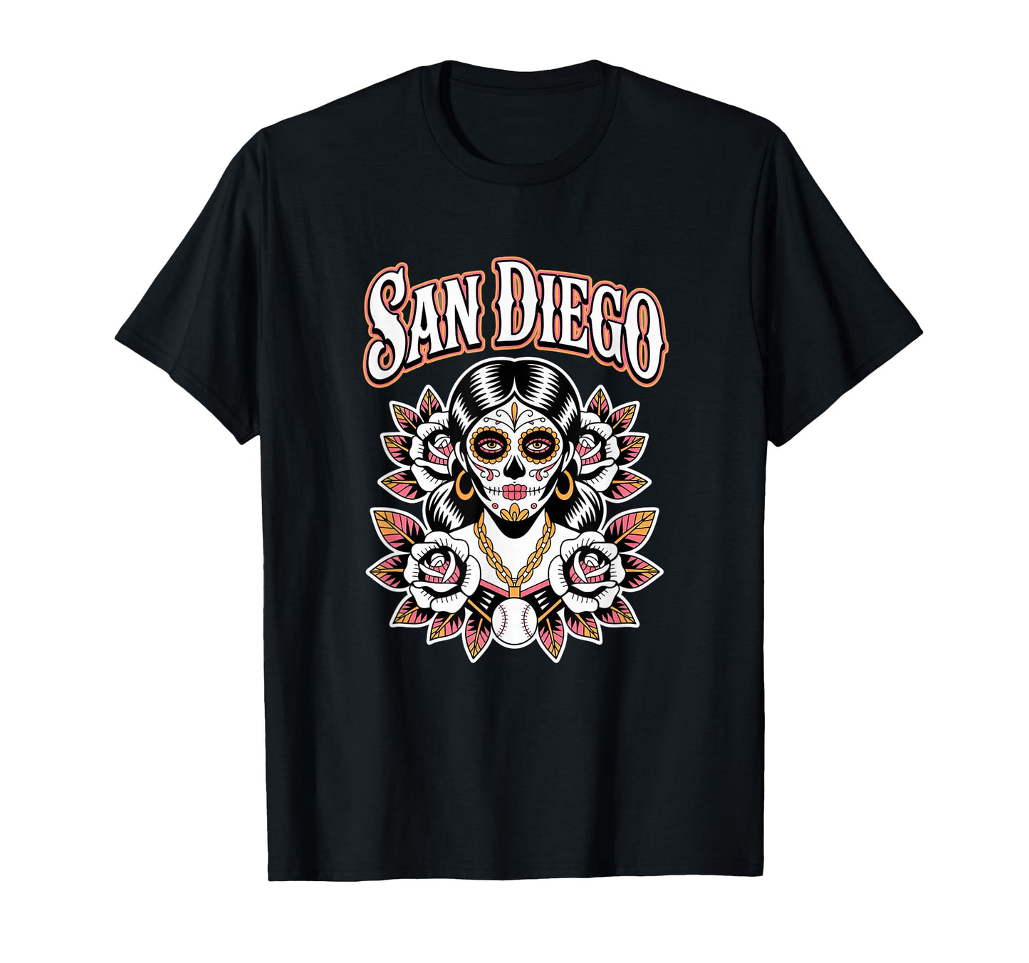 San Diego Sugar Skull Traditional Flowers T-Shirt - Graphic Print Unisex - T-Shirt, Sweatshirt, Hoodie