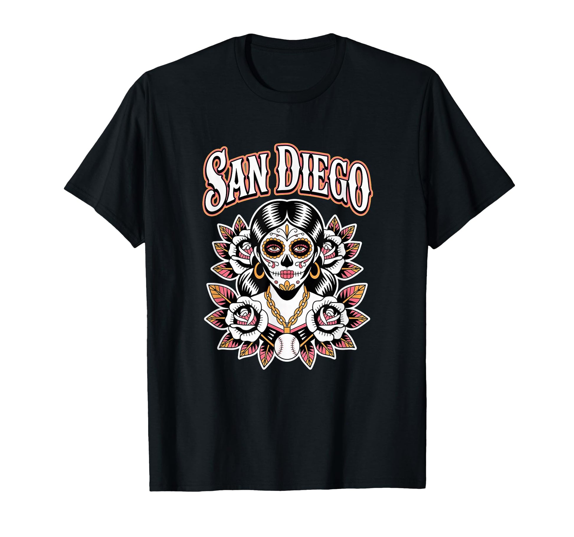 San Diego Sugar Skull Traditional Flowers T-Shirt - Graphic Print Unisex - T-Shirt, Sweatshirt, Hoodie