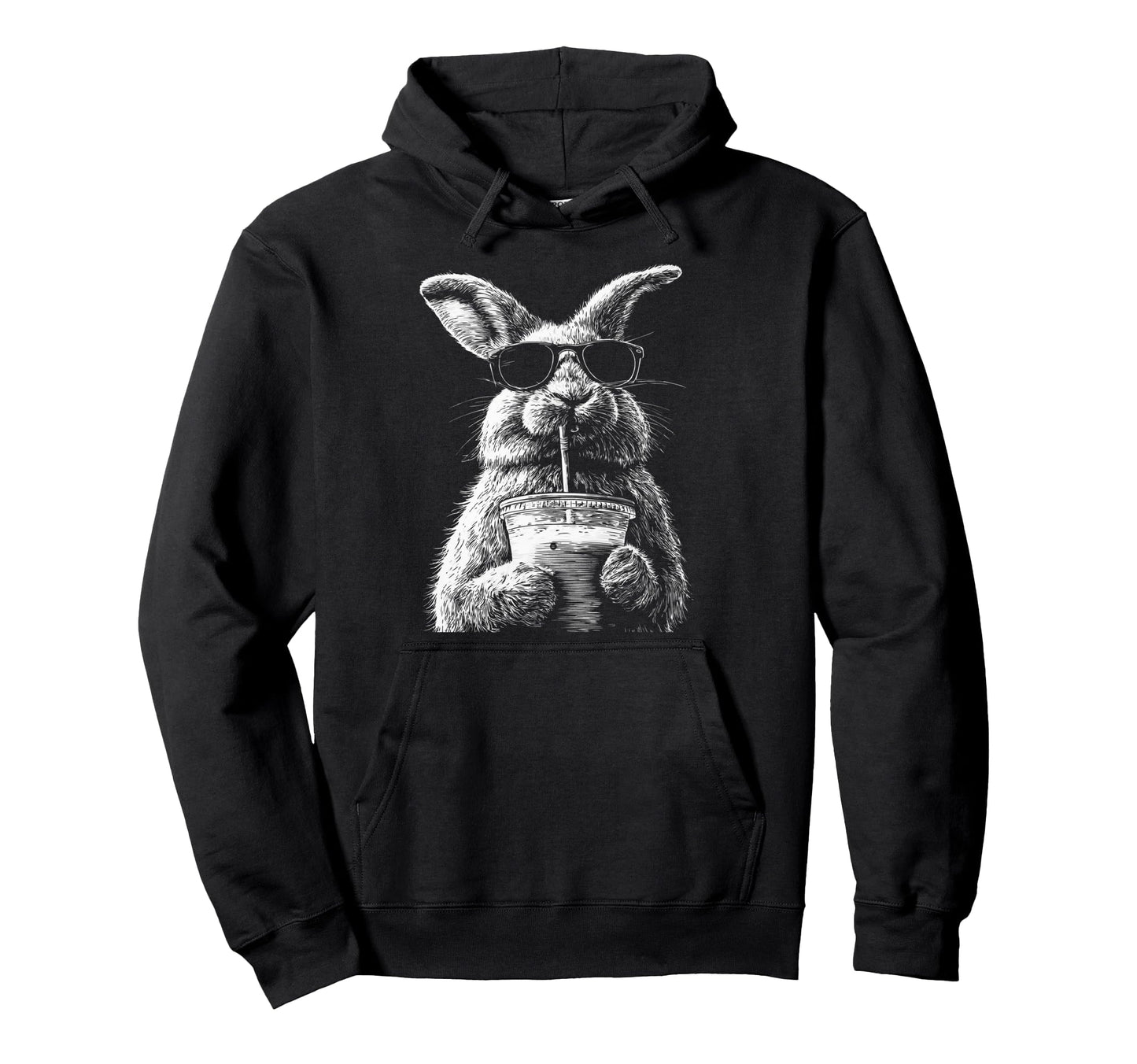 Rabbit Drinking Iced Coffee Funny Hoodie - Trendy Graphic for Adults - T-Shirt, Sweatshirt, Hoodie