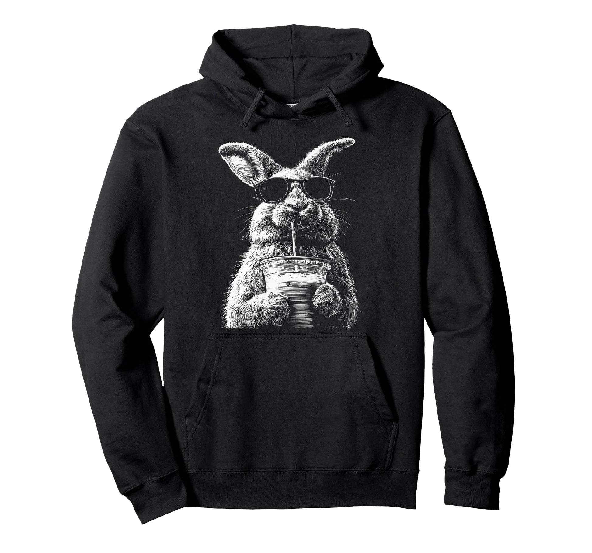 Rabbit Drinking Iced Coffee Funny Hoodie - Trendy Graphic for Adults - T-Shirt, Sweatshirt, Hoodie