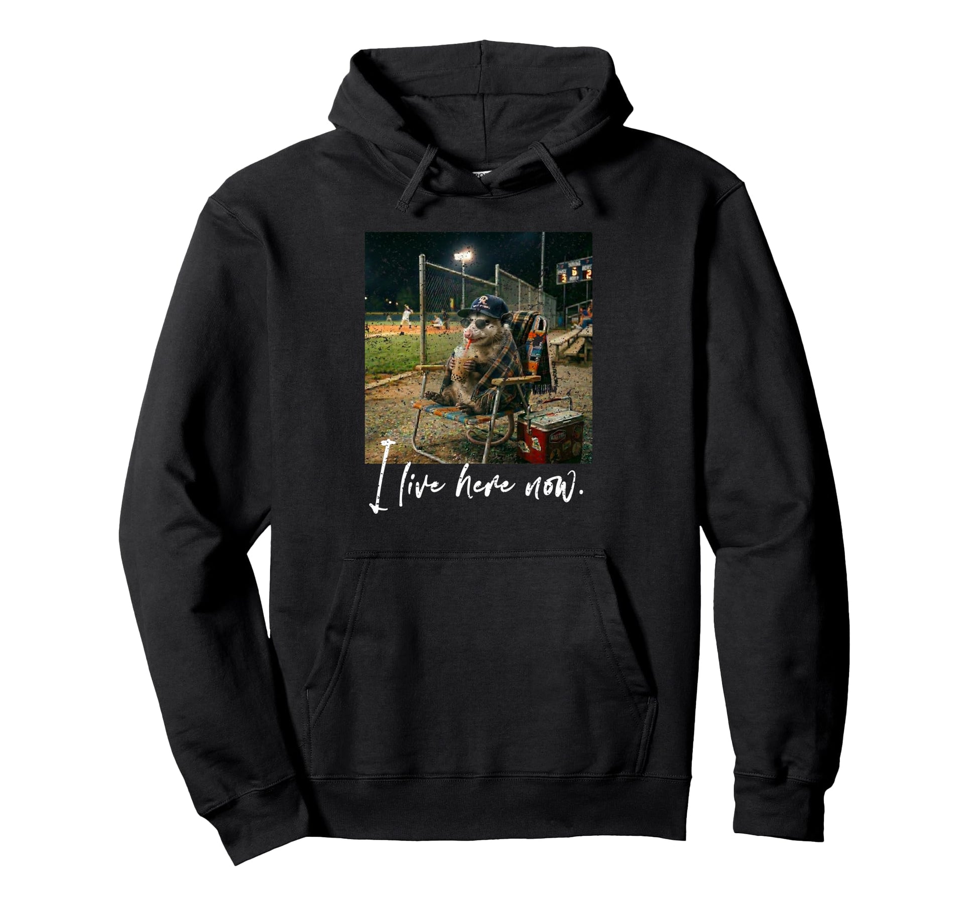 Distressed I Live Here Now Opossum Hoodie - Novelty Apparel Unisex - T-Shirt, Sweatshirt, Hoodie