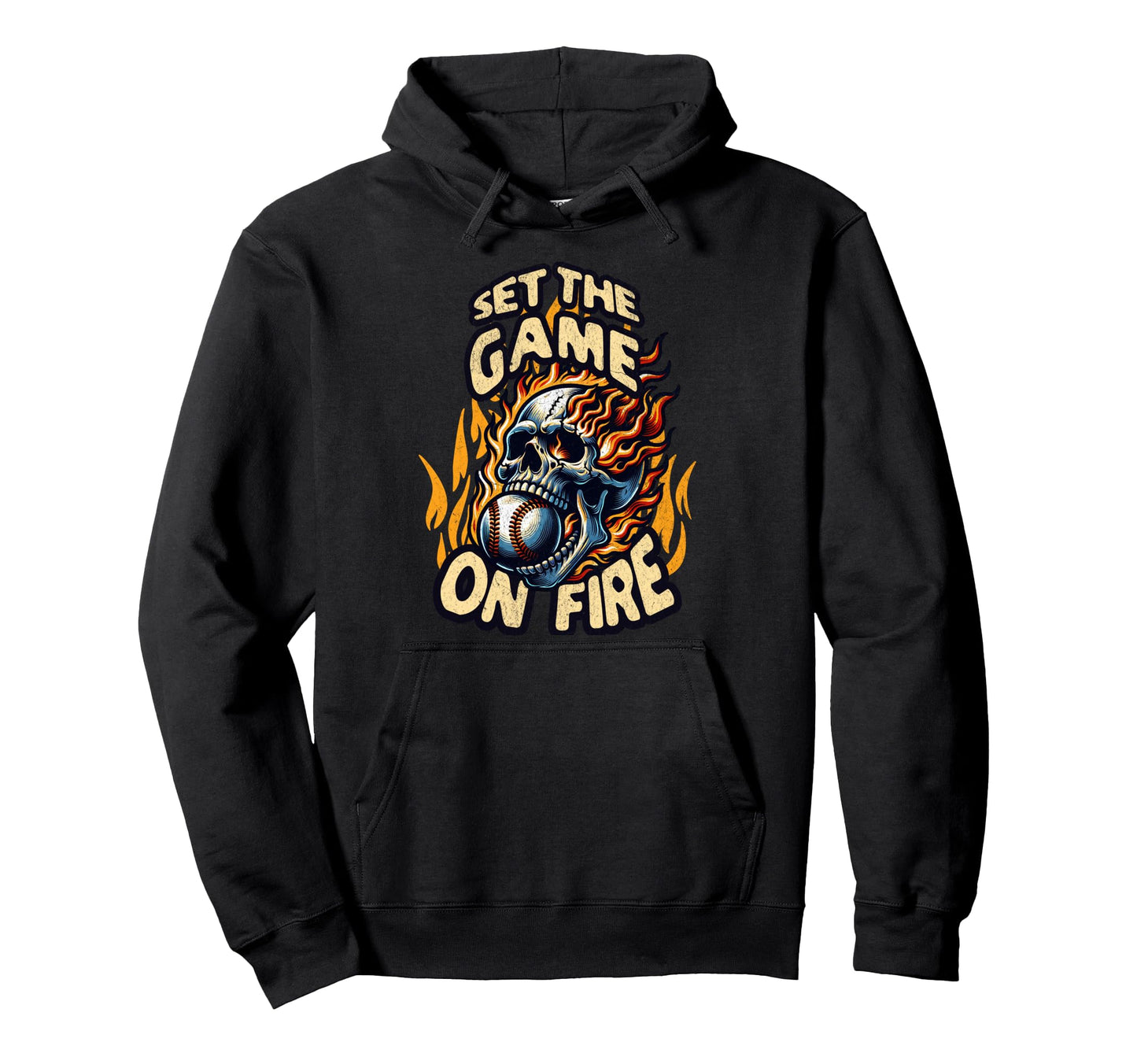 Set Game Fire Baseball Skull Flames Hoodie - Minimalist Print for Adults - T-Shirt, Sweatshirt, Hoodie