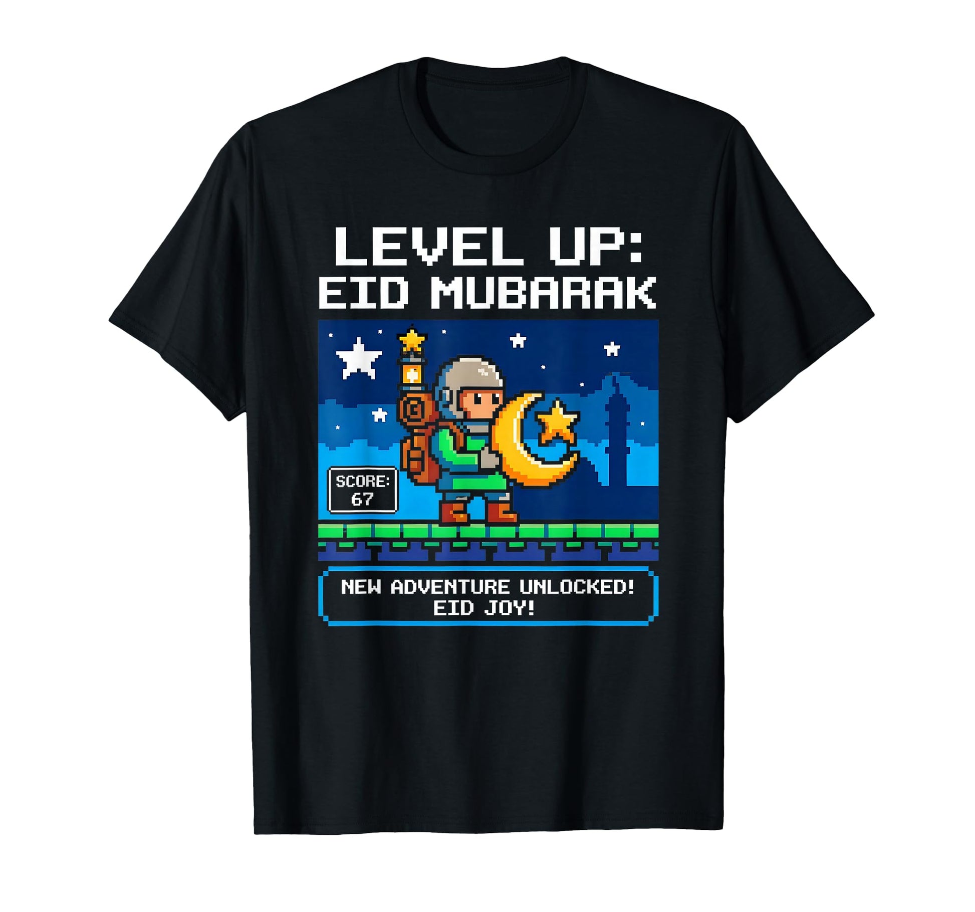 Level Up Eid Mubarak 8 Bit Pixel Art T-Shirt - Casual Everyday Wear Unisex - T-Shirt, Sweatshirt, Hoodie