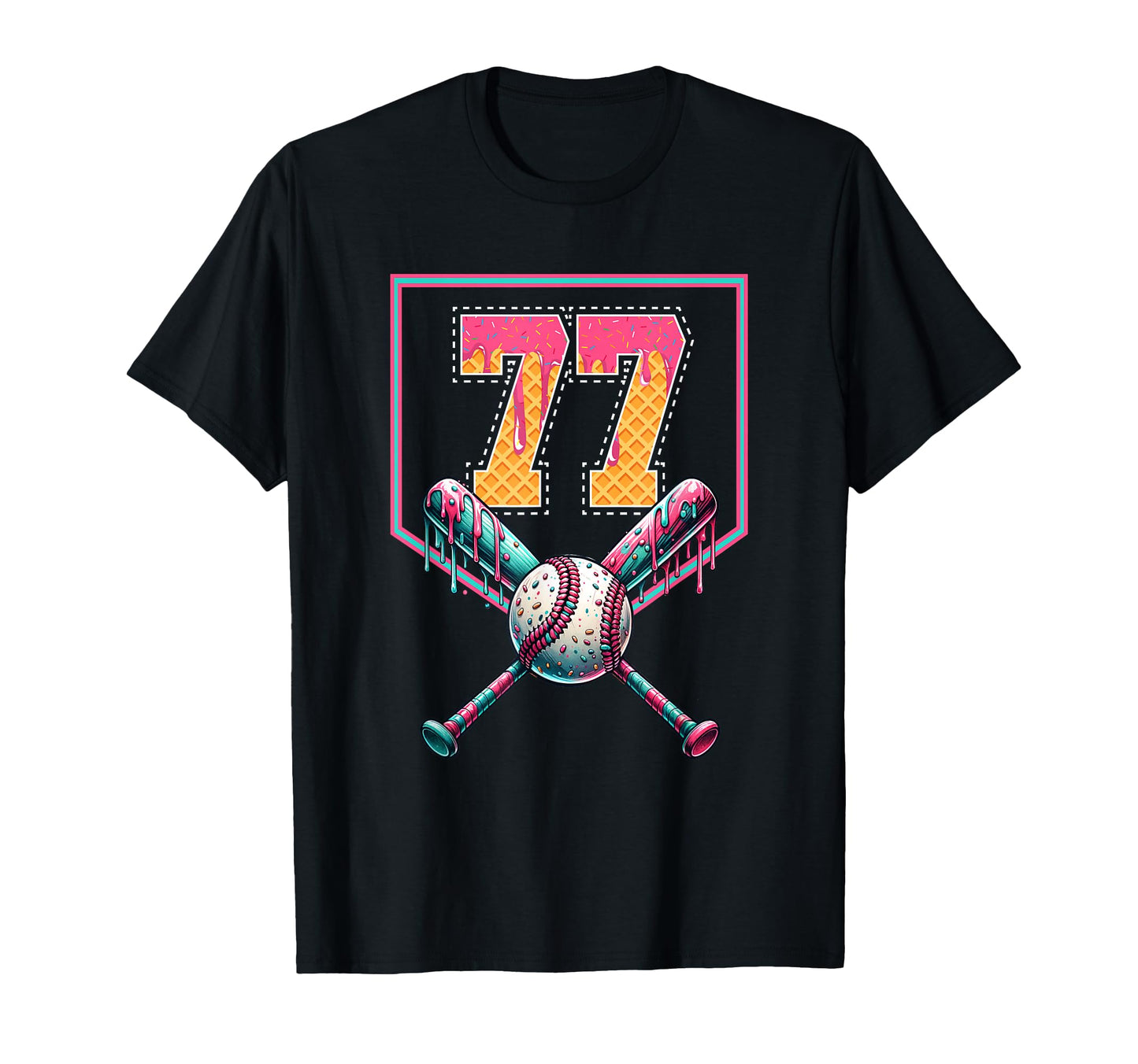 Baseball Drip Number 77 Player Or 77Th T-Shirt - Unique Graphic for Adults - T-Shirt, Sweatshirt, Hoodie