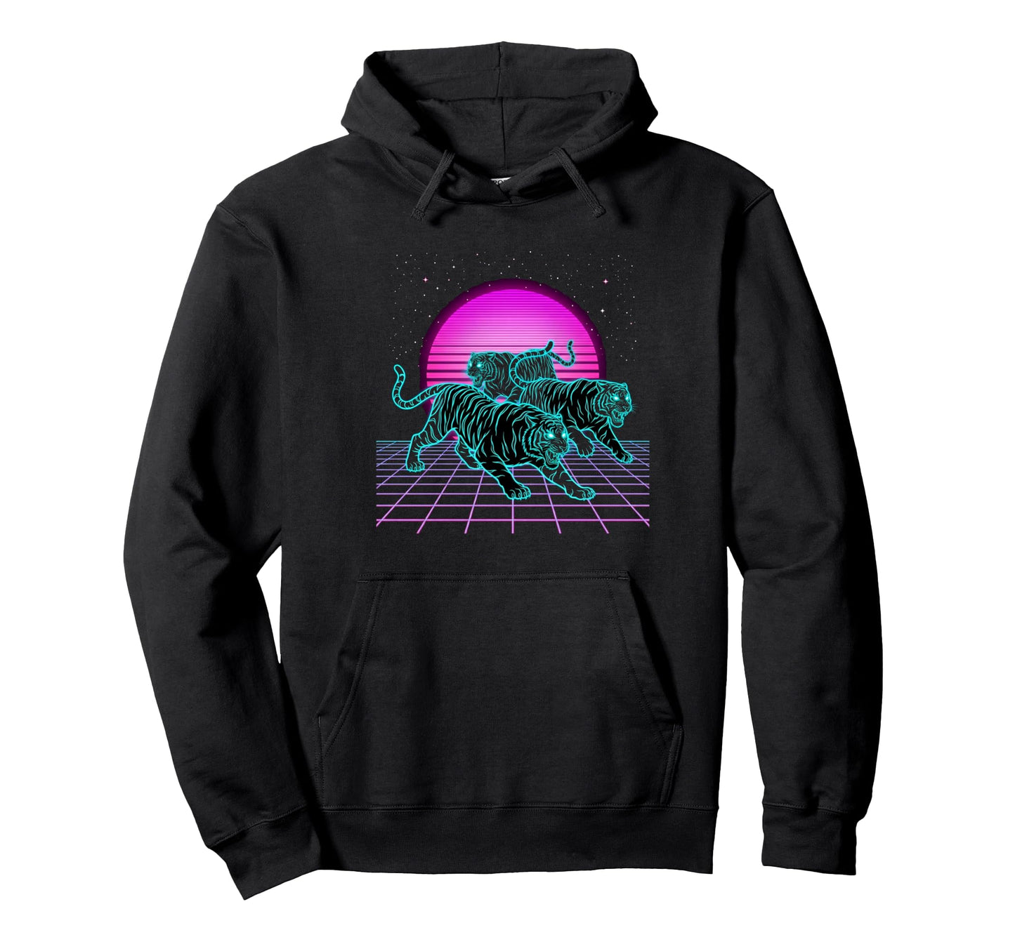 Three Running Tigers Retrowave Hoodie - Custom Art Print for Adults - T-Shirt, Sweatshirt, Hoodie