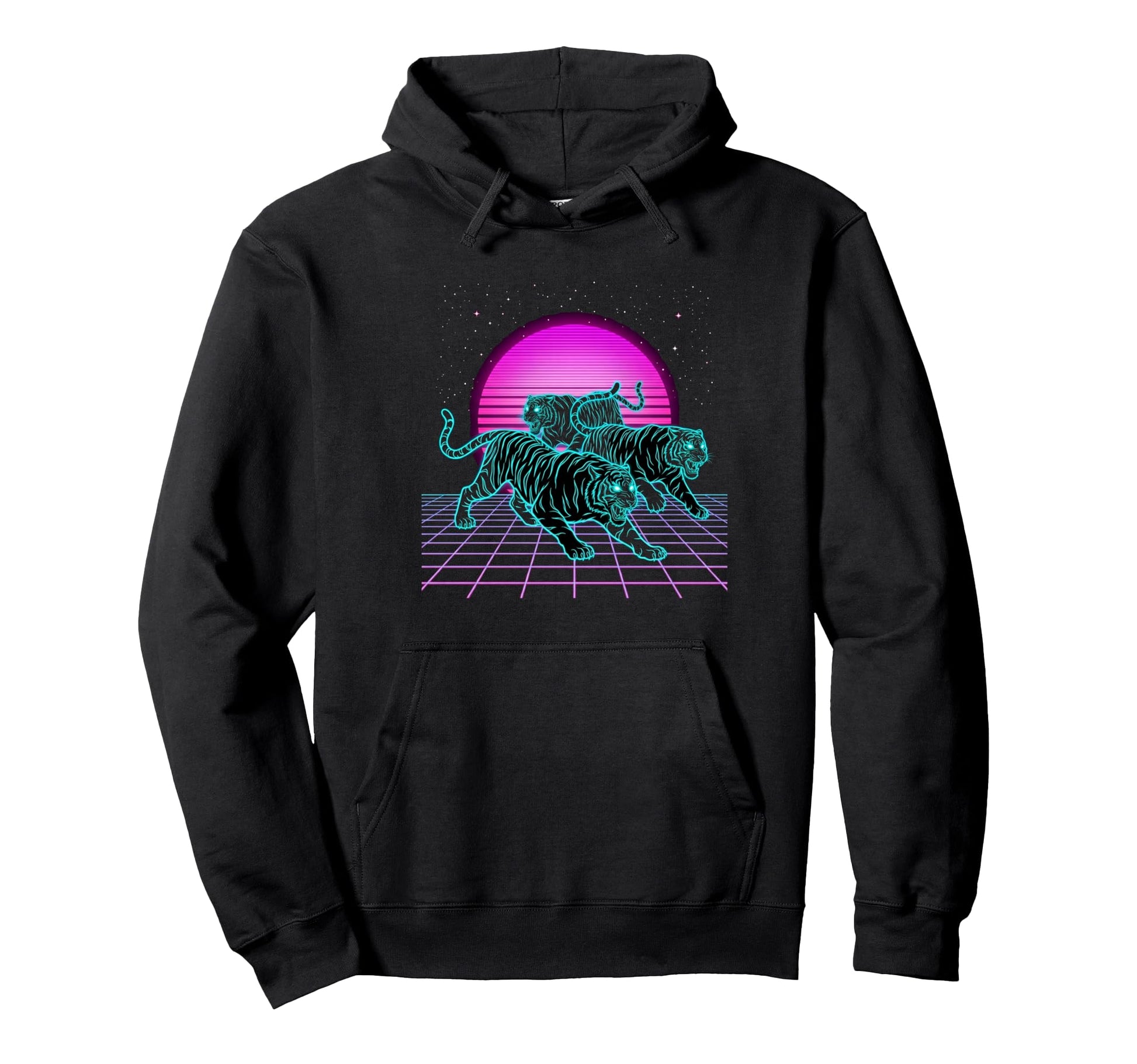 Three Running Tigers Retrowave Hoodie - Custom Art Print for Adults - T-Shirt, Sweatshirt, Hoodie