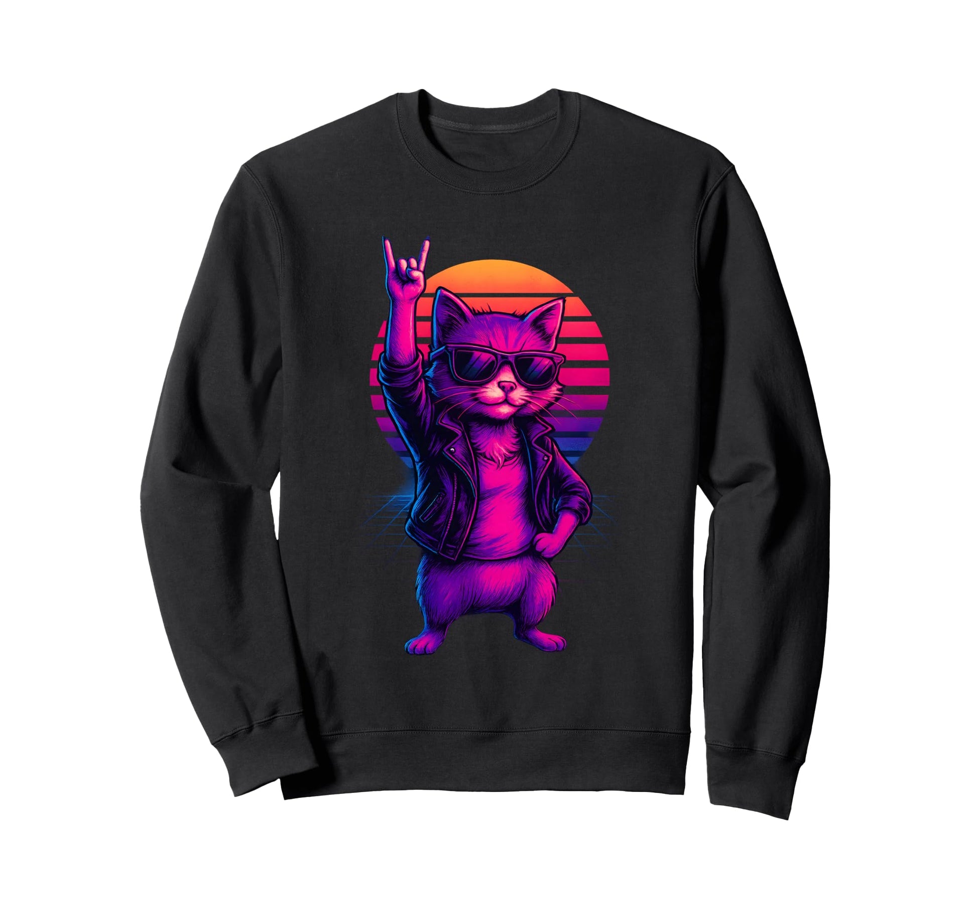 Synthwave Tomcat Cat 80S Rock Sunset Sweatshirt - Graphic Print Men Women - T-Shirt, Sweatshirt, Hoodie