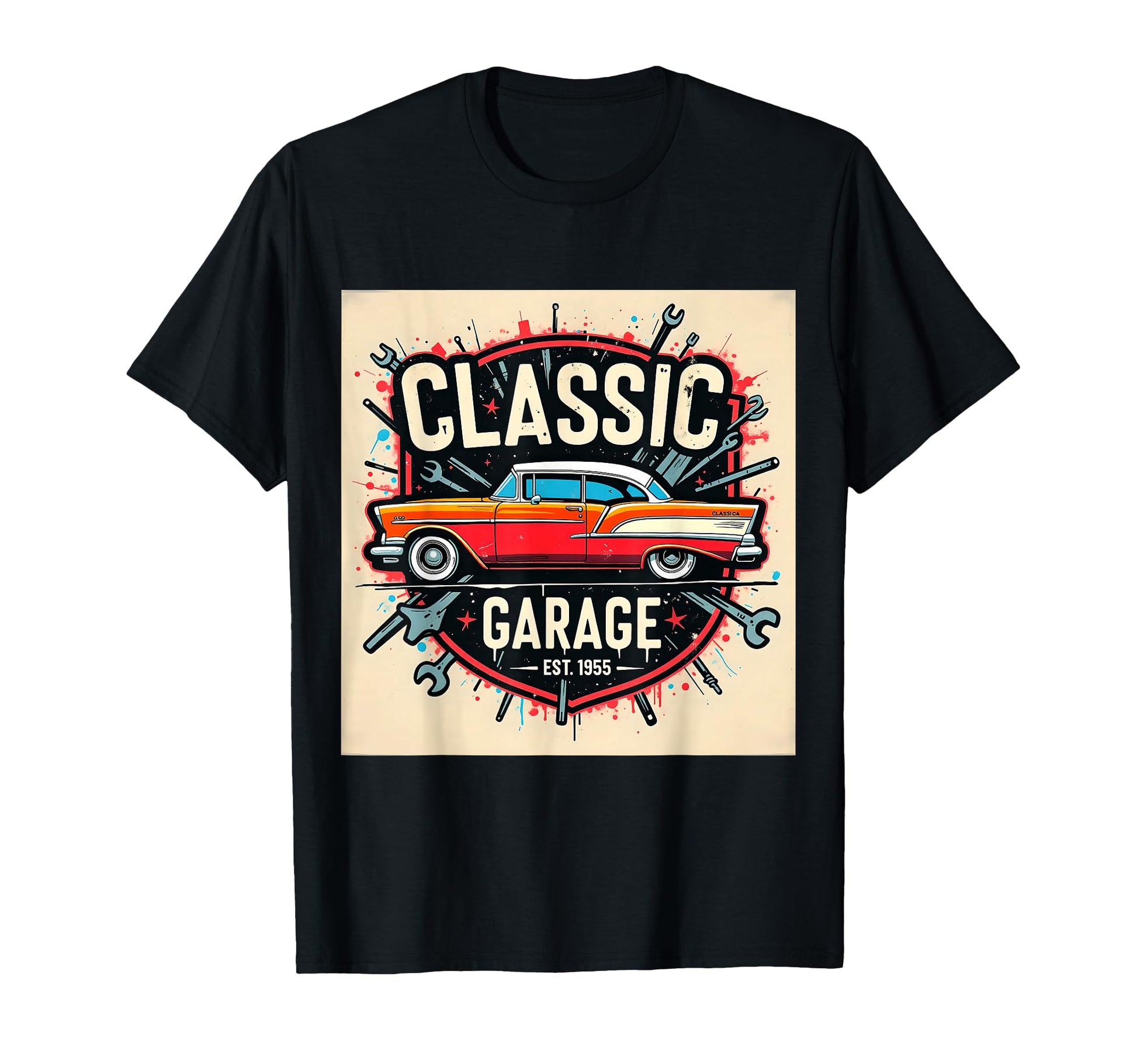 Garage Car Illustration T-Shirt - Fun Novelty Design Men Women - T-Shirt, Sweatshirt, Hoodie