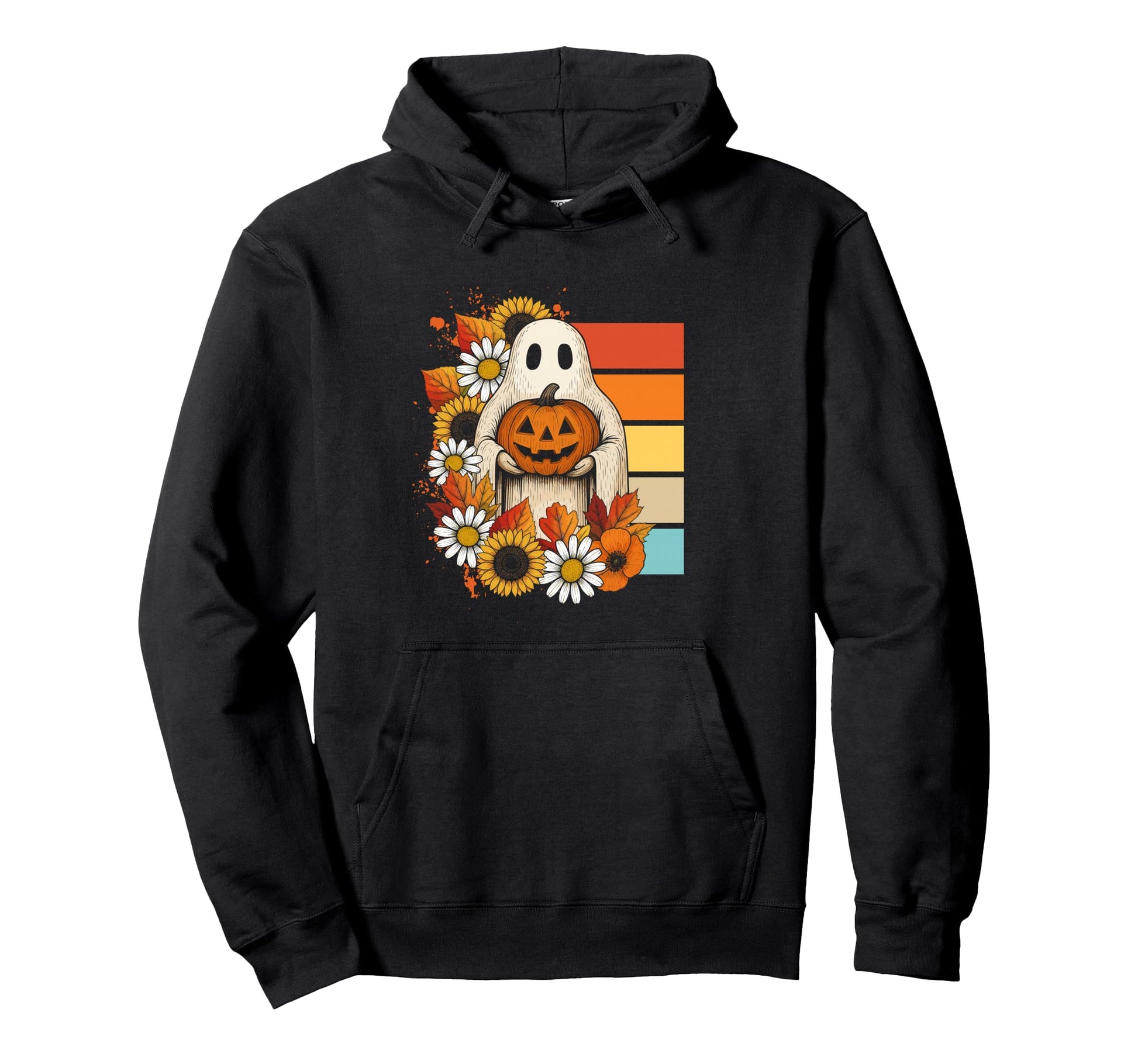 Ghost And Halloween Pumpkin Stripes Fall Hoodie - Minimalist Print Unisex - T-Shirt, Sweatshirt, Hoodie
