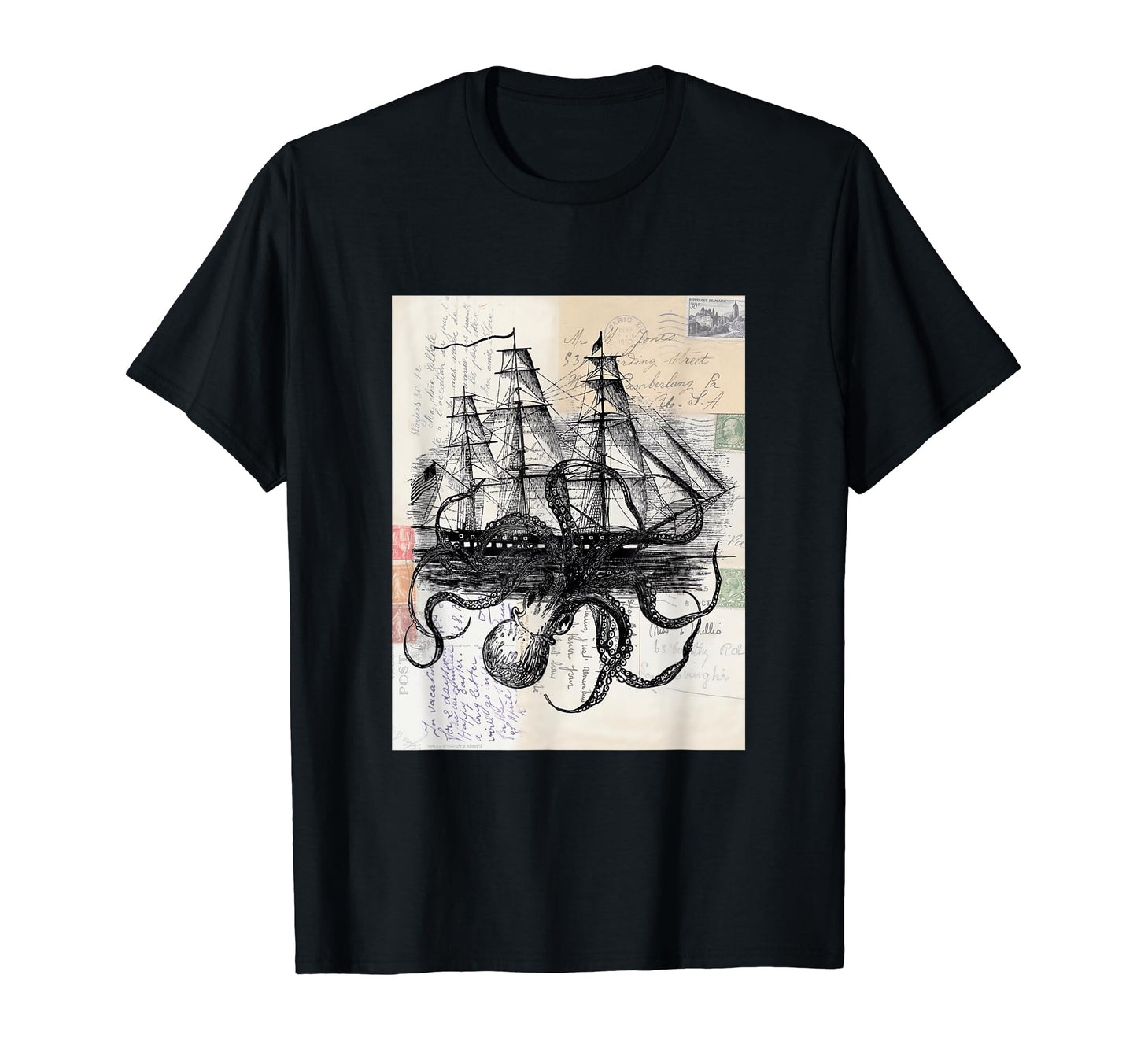 Kraken Attacking Antique Postcards T-Shirt - Custom Art Print Unisex - T-Shirt, Sweatshirt, Hoodie