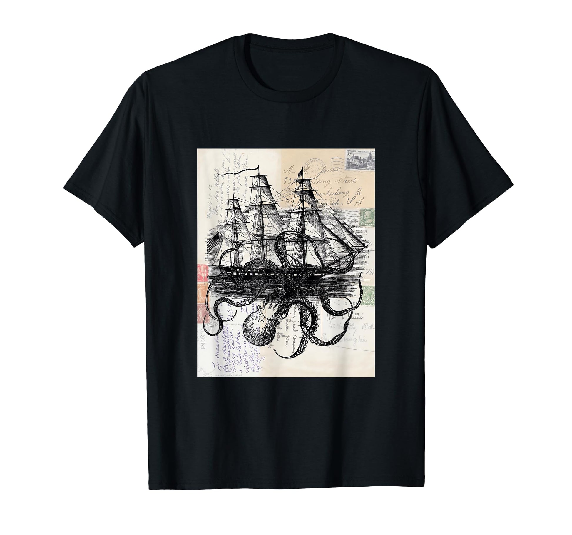 Kraken Attacking Antique Postcards T-Shirt - Custom Art Print Unisex - T-Shirt, Sweatshirt, Hoodie