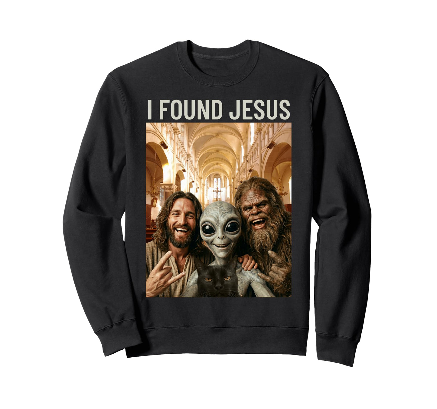 Funny Bigfoot Alien Jesus Rock Hand Sweatshirt - Fun Novelty Design Unisex - T-Shirt, Sweatshirt, Hoodie