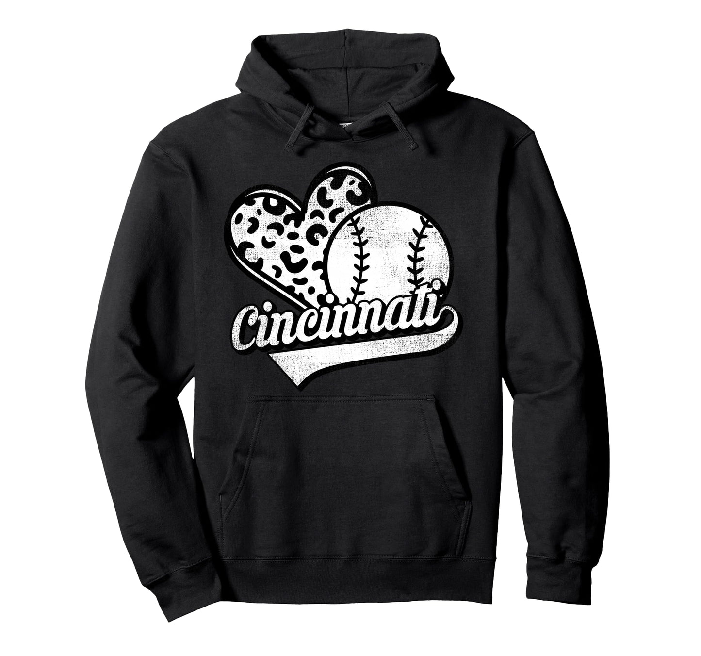 Cincinnati Baseball Leopard Heart Hoodie - Fun Novelty Design for Adults - T-Shirt, Sweatshirt, Hoodie