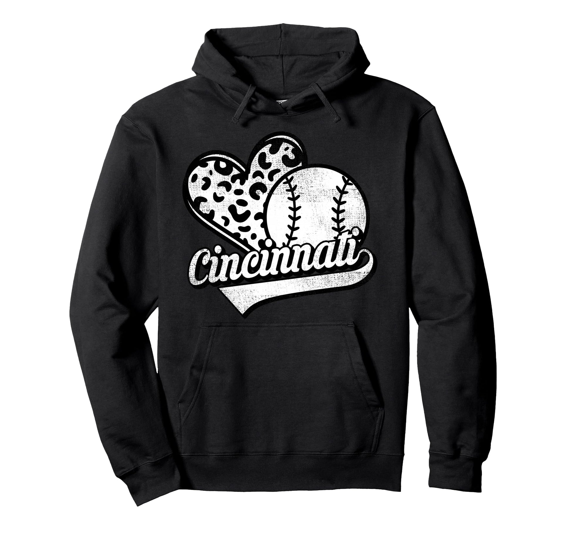Cincinnati Baseball Leopard Heart Hoodie - Fun Novelty Design for Adults - T-Shirt, Sweatshirt, Hoodie