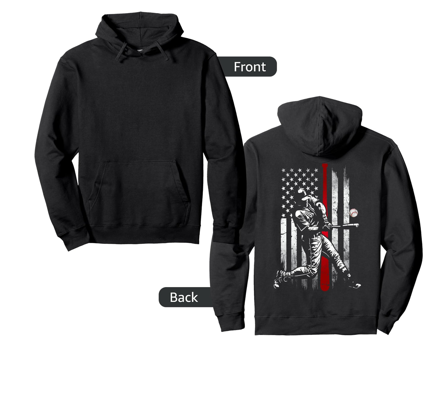Baseball American Usa Flag Patriotic Hoodie - Fun Novelty Design Men Women - T-Shirt, Sweatshirt, Hoodie