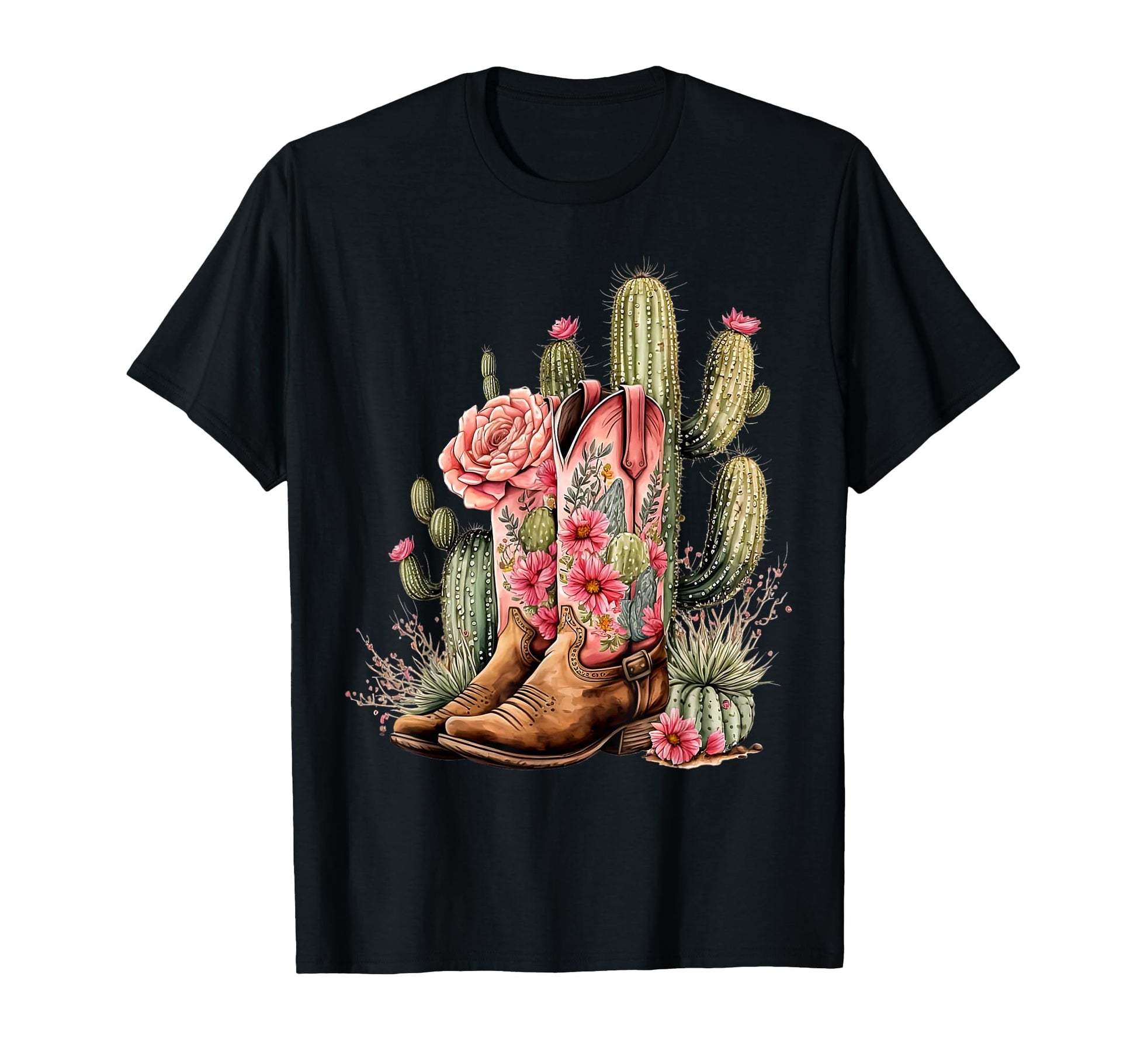 Cowgirl Boots Floral Cactus Western T-Shirt - Unique Graphic Men Women - T-Shirt, Sweatshirt, Hoodie