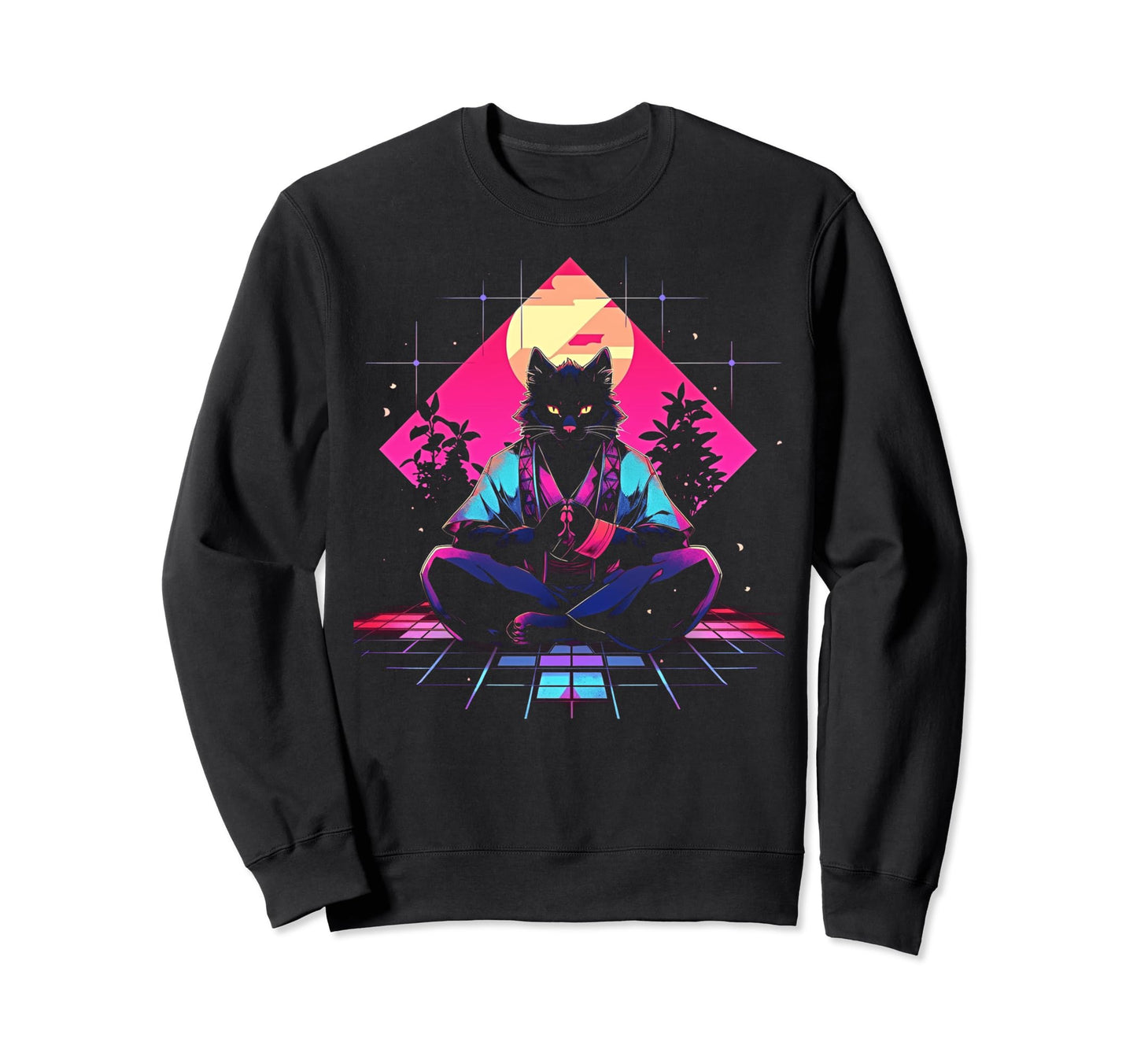 Synthwave Cat Samurai Mediation Sweatshirt - Custom Art Print for Adults - T-Shirt, Sweatshirt, Hoodie
