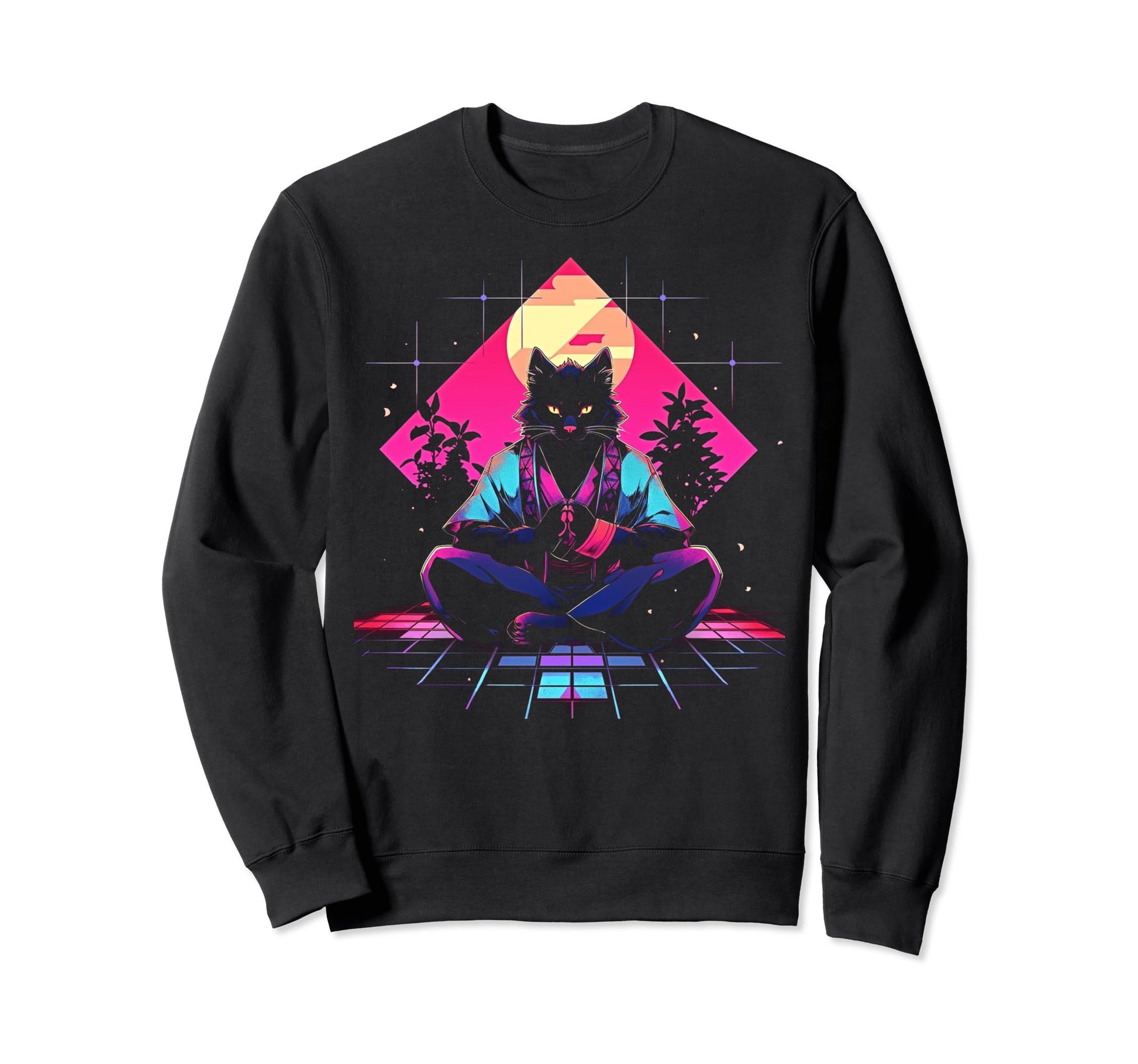 Synthwave Cat Samurai Mediation Sweatshirt - Custom Art Print for Adults - T-Shirt, Sweatshirt, Hoodie